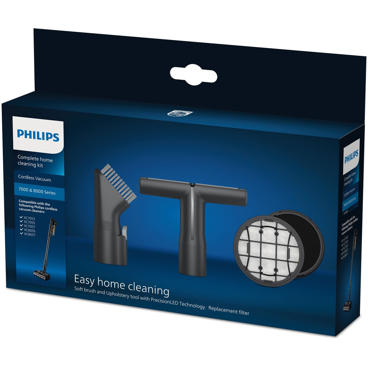 Una caja del kit de limpieza Philips. Contiene un cabezal de aspiradora, un filtro y un cepillo suave. La caja es azul oscuro con texto blanco.