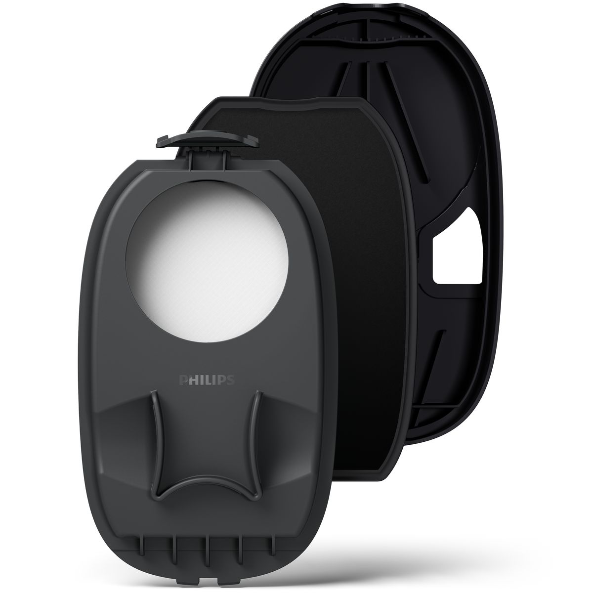 Tre componenti neri di un purificatore d'aria. Il componente anteriore ha un filtro bianco visibile attraverso un'apertura circolare. Il logo Philips è visibile.