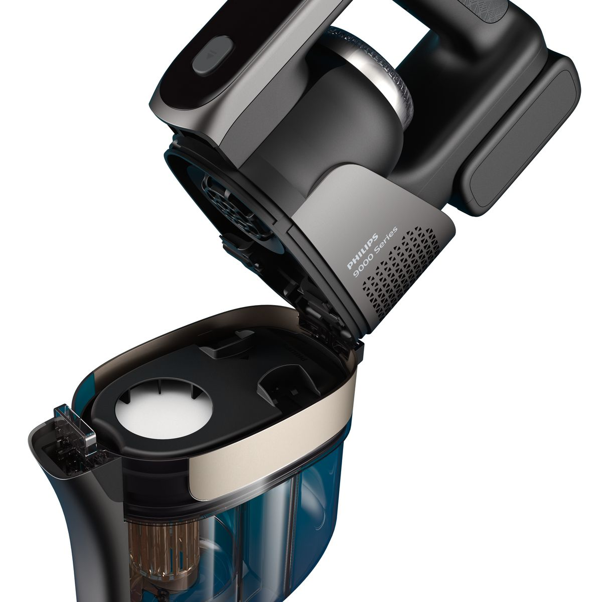 Un aspirapolvere Philips serie 9000 aperto, che mostra il contenitore della polvere e i componenti interni. Nero e argento con un contenitore della polvere blu.
