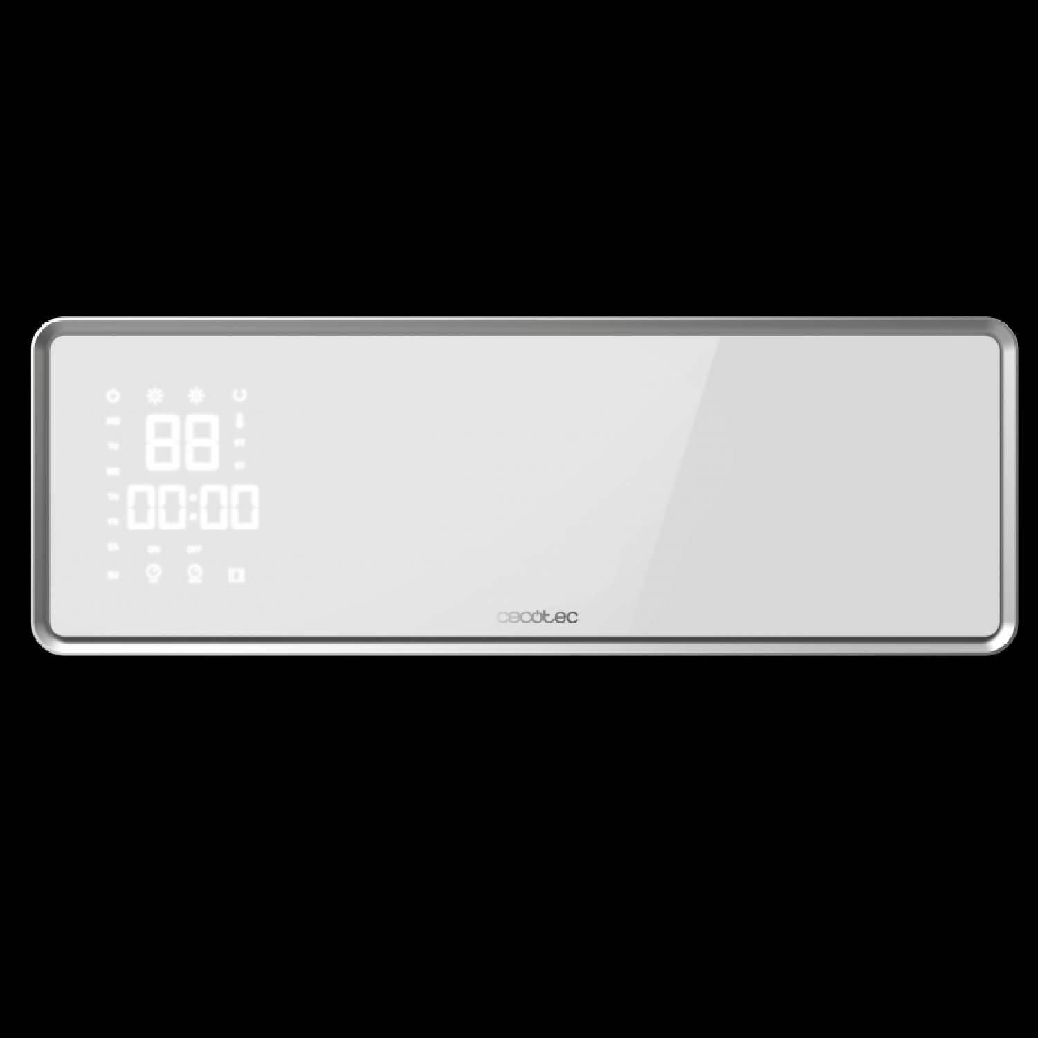 Un dispositivo rettangolare bianco con display digitale che mostra '88:00:00'. Il dispositivo ha una cornice argentata e il marchio 'cecotec'.