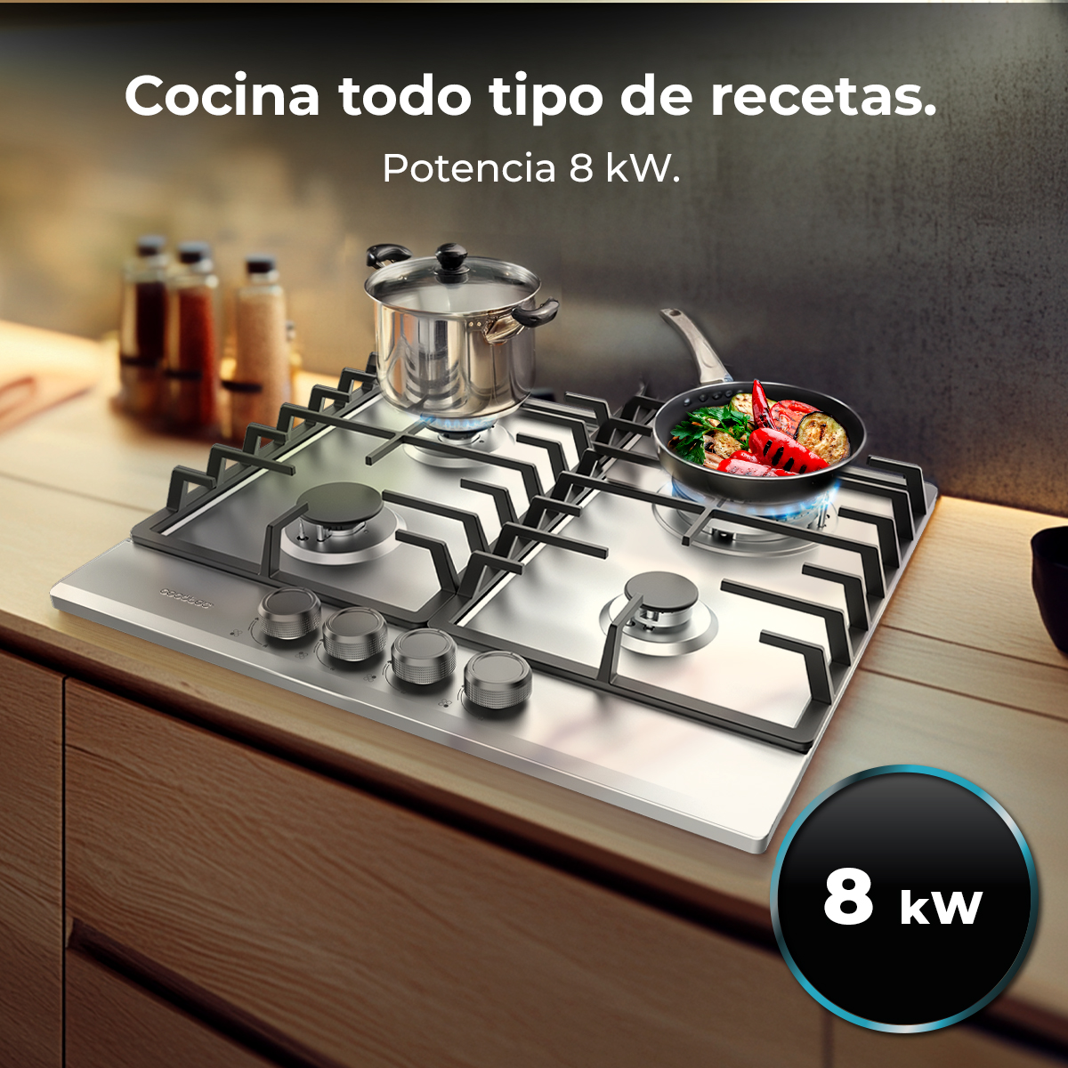 Nowoczesna kuchenka gazowa z garnkiem i patelnią na palnikach. Warzywa gotują się na patelni. Kuchenka stoi na drewnianym blacie.