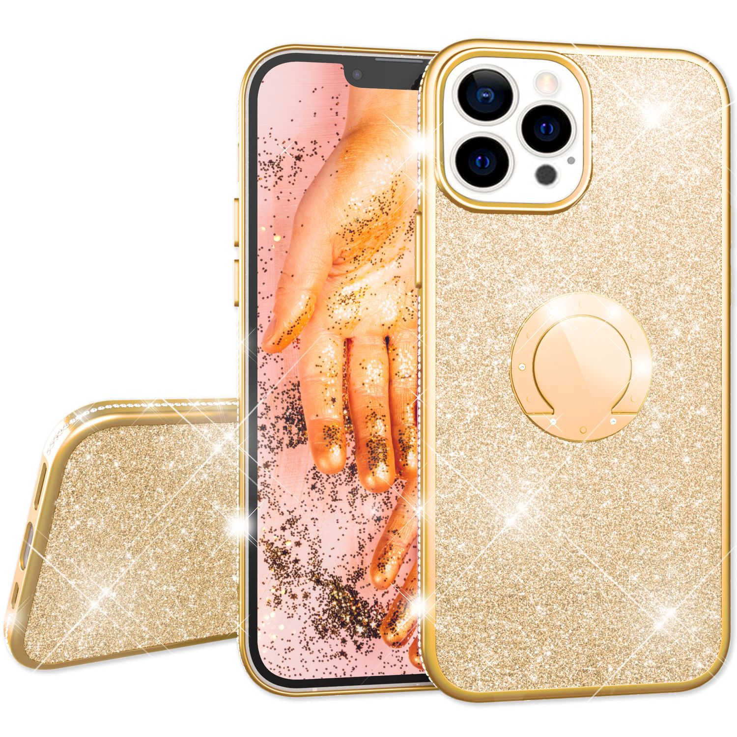 Una funda dorada con purpurina para teléfono con un teléfono dentro que muestra una mano cubierta de purpurina. Un soporte de anillo en la parte posterior.