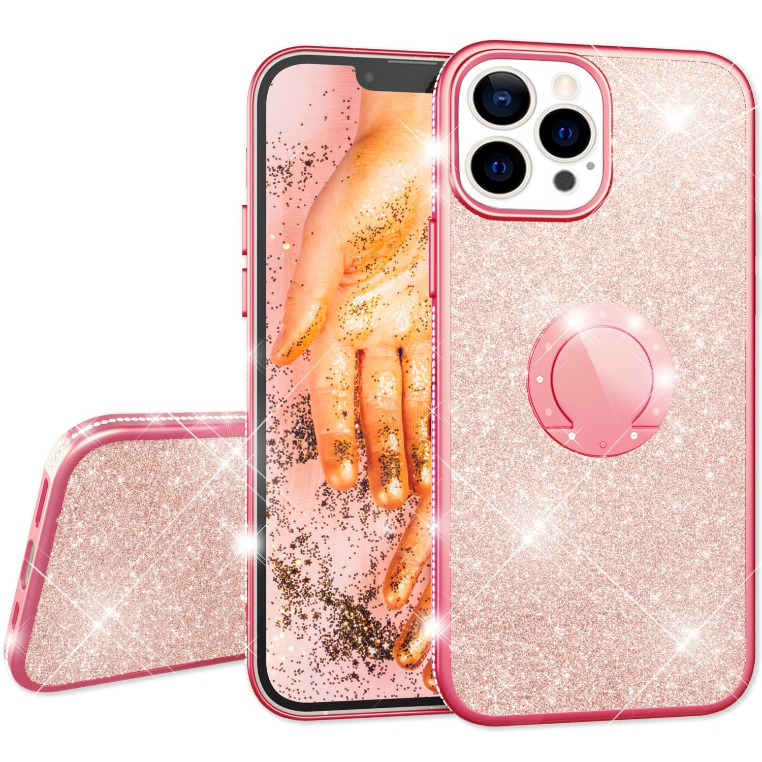 Funda de teléfono rosa con purpurina, un soporte de anillo y una pantalla de teléfono que muestra una mano cubierta de purpurina dorada.