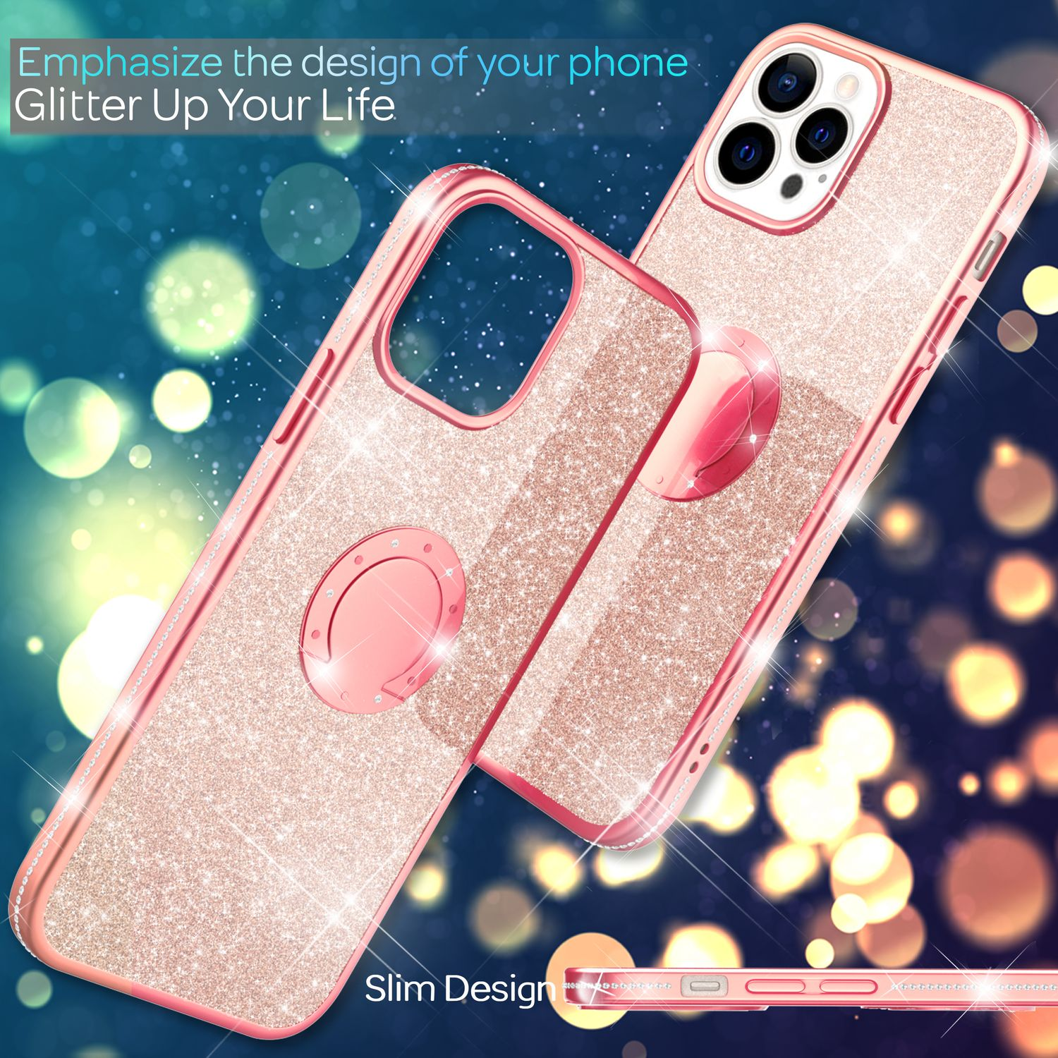 Dos fundas de teléfono, oro rosa con purpurina y un soporte de anillo, sobre un fondo bokeh. Texto: Enfatiza el diseño, Glitter Up Your Life.