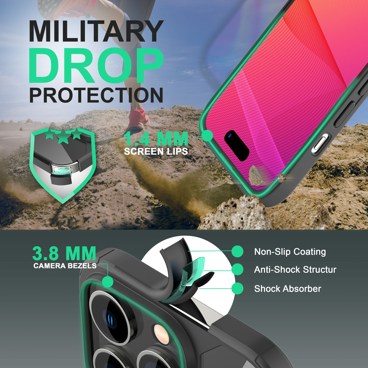 La imagen muestra una funda de teléfono con protección contra caídas, biseles de cámara y bordes de pantalla. El texto destaca el revestimiento antideslizante.