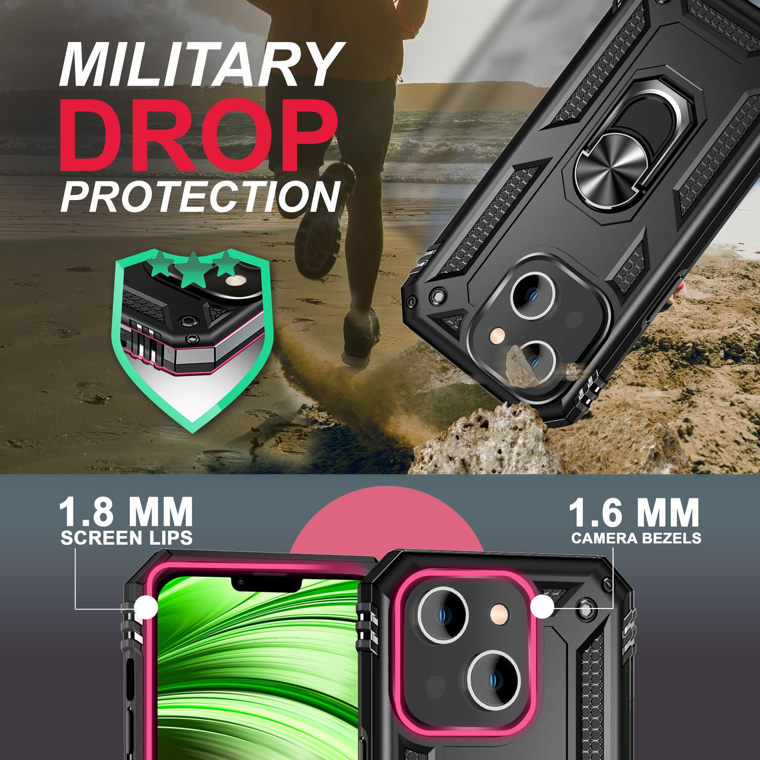La imagen muestra una funda de teléfono con funciones de protección contra caídas. Incluye primeros planos de la funda y una persona corriendo en la playa.
