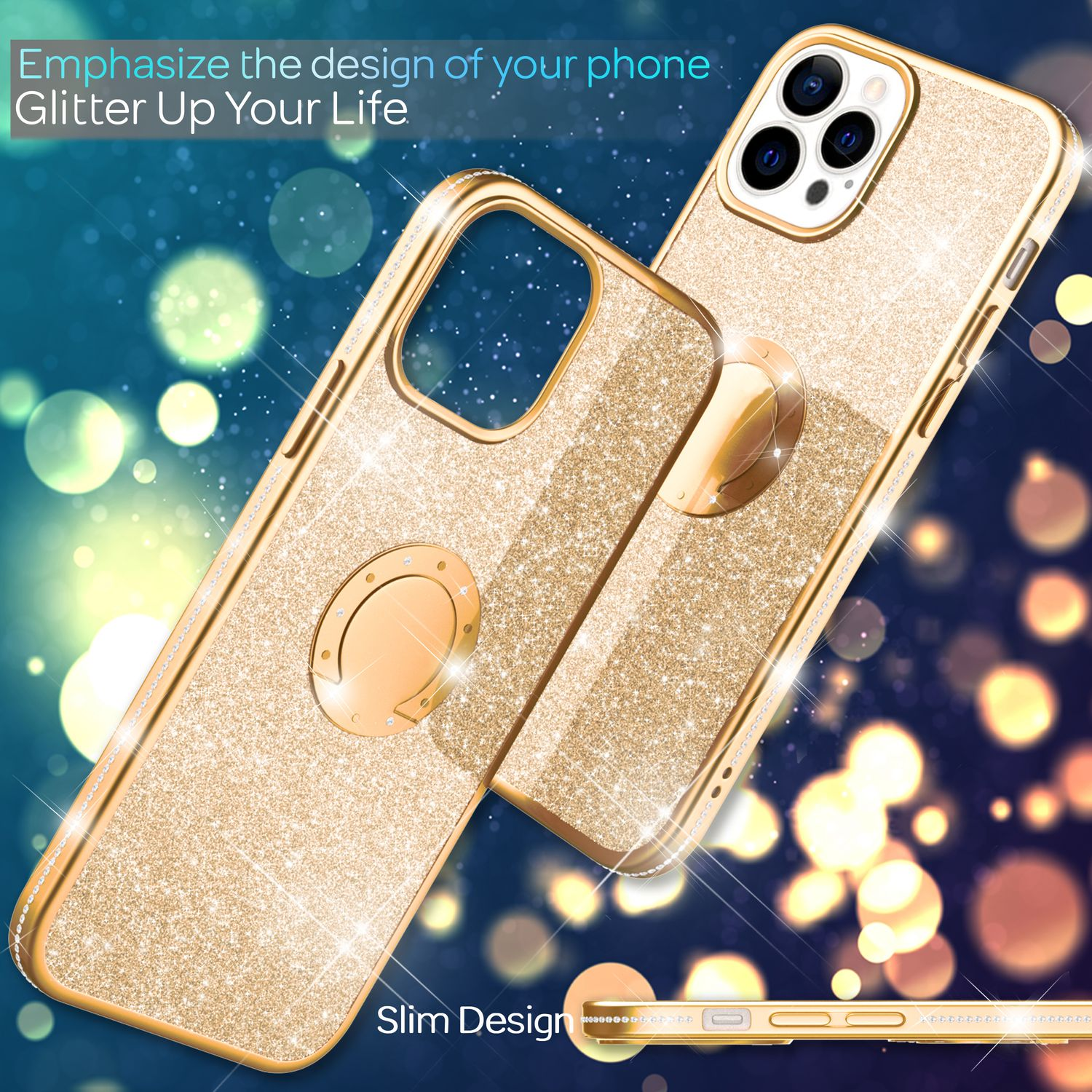 Se muestran dos fundas doradas con purpurina y soporte de anillo. El fondo es un degradado azul con efectos bokeh y texto.