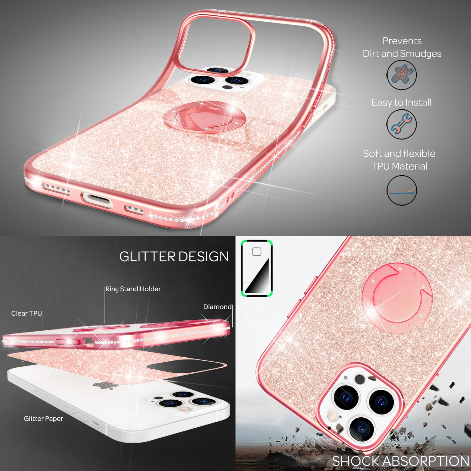 Funda rosa con purpurina y soporte de anillo. Características: TPU transparente, papel brillante, diamantes y absorción de impactos.