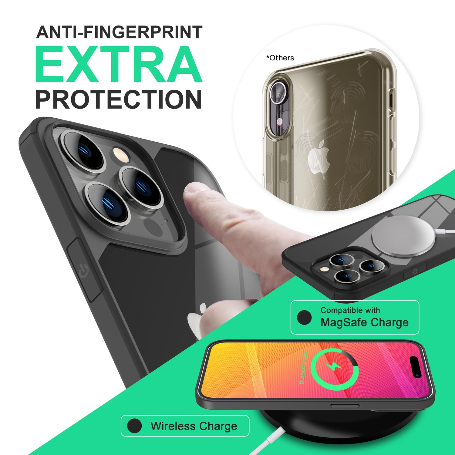 Se muestra una funda de teléfono con protección extra, compatible con MagSafe, carga inalámbrica. Teléfono cargando.