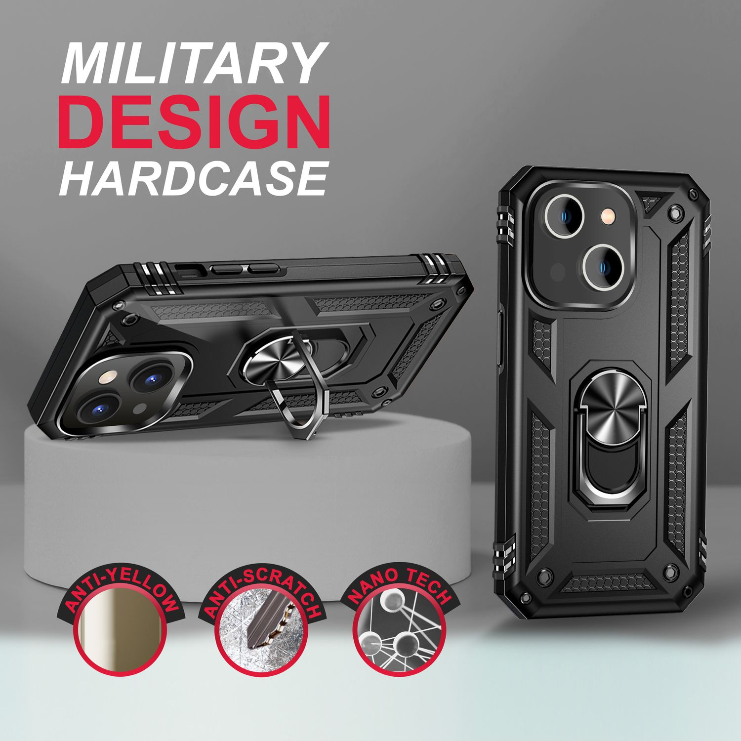 Fundas de teléfono negras con texto 'MILITARY DESIGN HARDCASE'. Incluye características antiarañazos y nanotecnología. Soportes de anillo visibles.