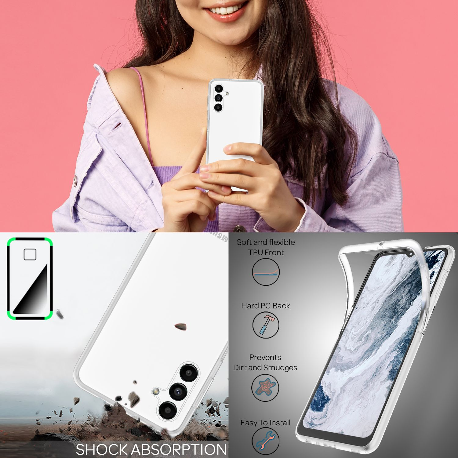Una donna tiene in mano un telefono bianco. L'immagine mostra una custodia per telefono. La custodia ha assorbimento degli urti.