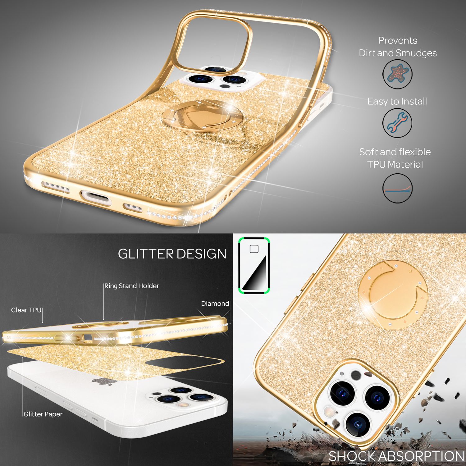 Funda dorada para teléfono con purpurina, soporte de anillo, detalles de diamantes y TPU transparente. Muestra la cámara y los botones del teléfono.