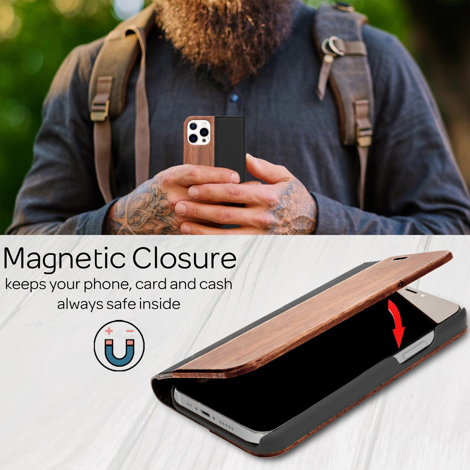 Un uomo tiene in mano una custodia per telefono con una copertura in legno. La custodia è aperta, rivelando il telefono. Il testo dice "Chiusura magnetica".