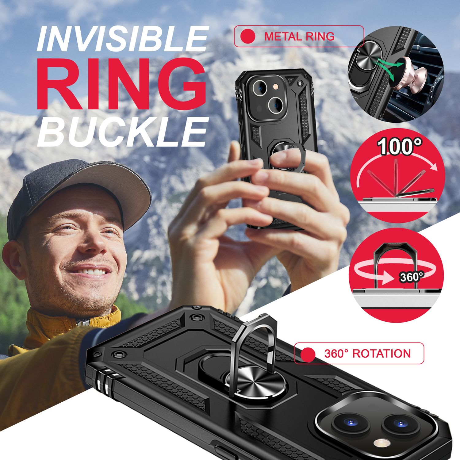Hombre sosteniendo teléfono en funda negra con anillo metálico. Texto: 'hebilla de anillo invisible' y 'rotación 360°'. Gráficos muestran el movimiento del anillo.
