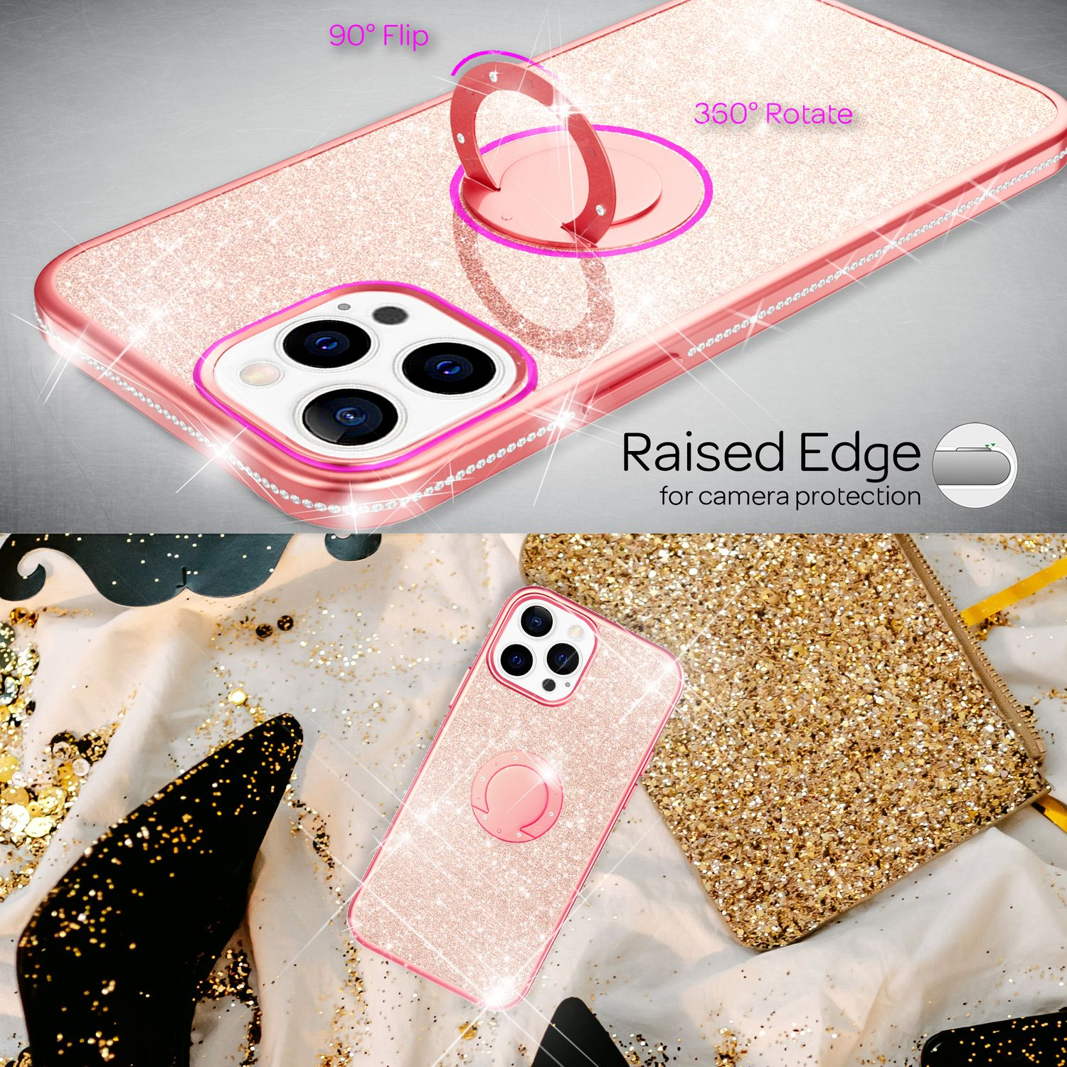 Funda de teléfono rosa con purpurina y soporte de anillo. La funda está sobre una superficie blanca con purpurina dorada, un zapato negro y un bolso dorado.