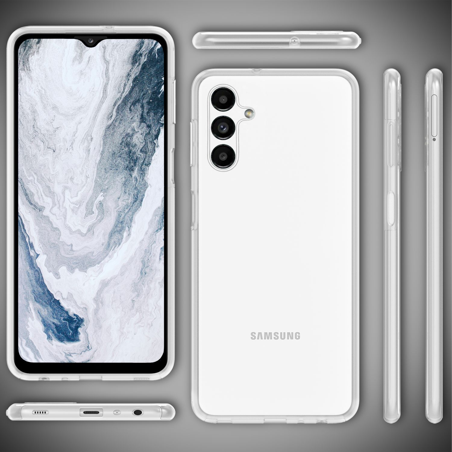 Un telefono Samsung bianco con una custodia trasparente. Il telefono è mostrato da più angolazioni. Lo schermo mostra un motivo marmoreo.