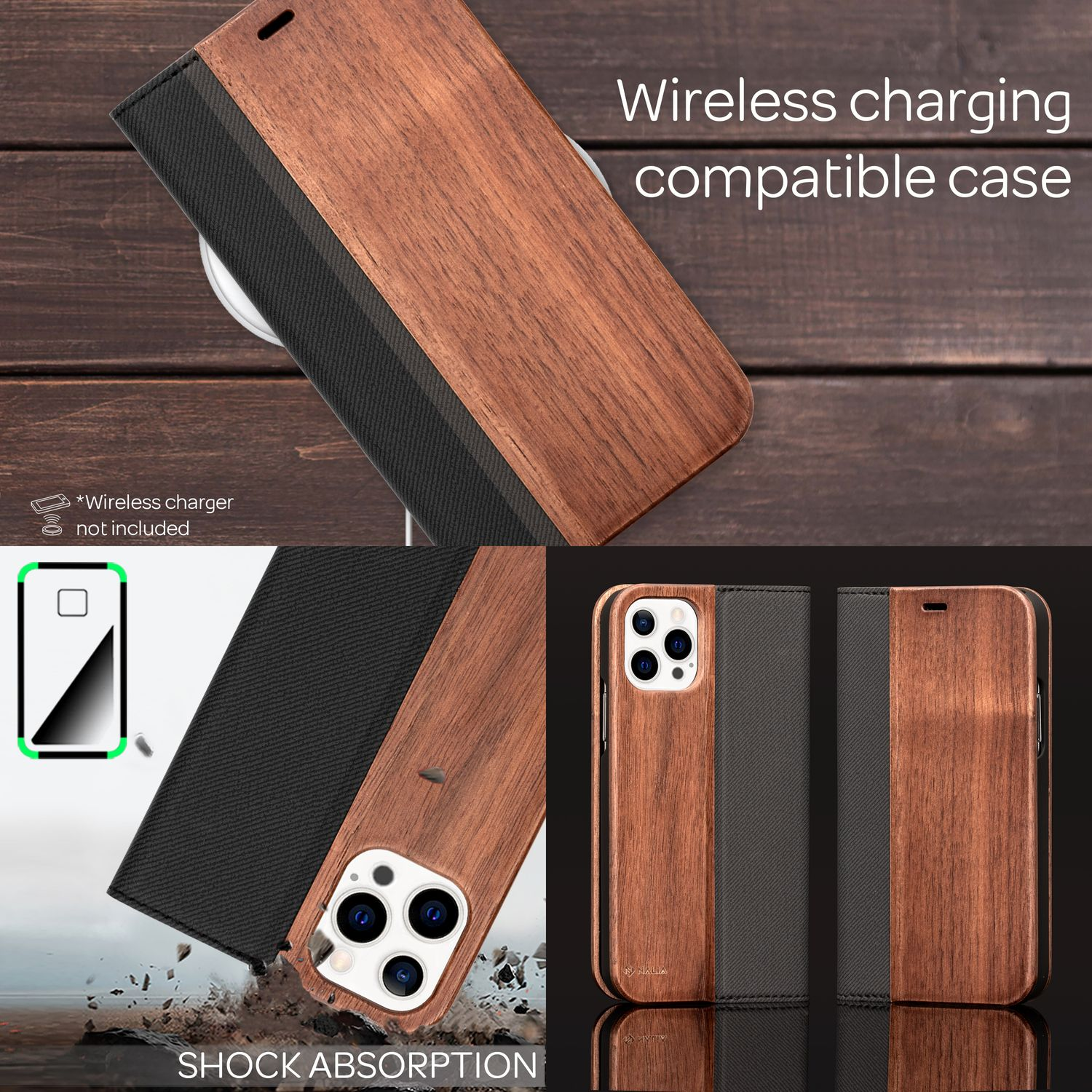 Una custodia per telefono con una trama in legno, mostrata aperta e chiusa. È compatibile con la ricarica wireless e assorbe gli urti.