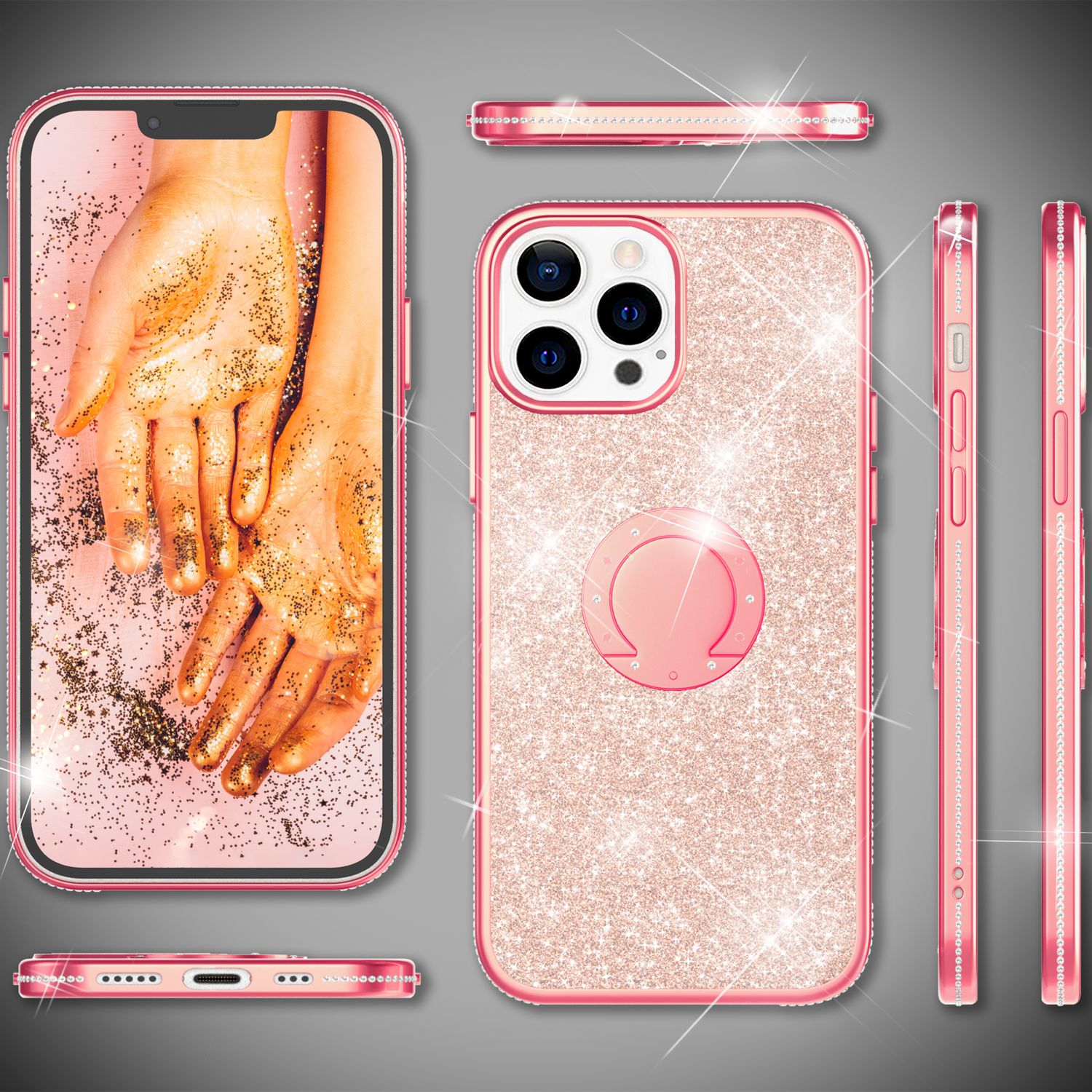 Funda rosa para teléfono con purpurina y diamantes, mostrando un teléfono con manos cubiertas de purpurina dorada en su pantalla.