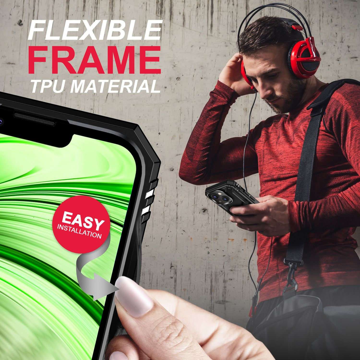 Hombre con auriculares sosteniendo un teléfono. Una mano señala una funda de teléfono con el texto "fácil instalación". El fondo tiene texto del producto.
