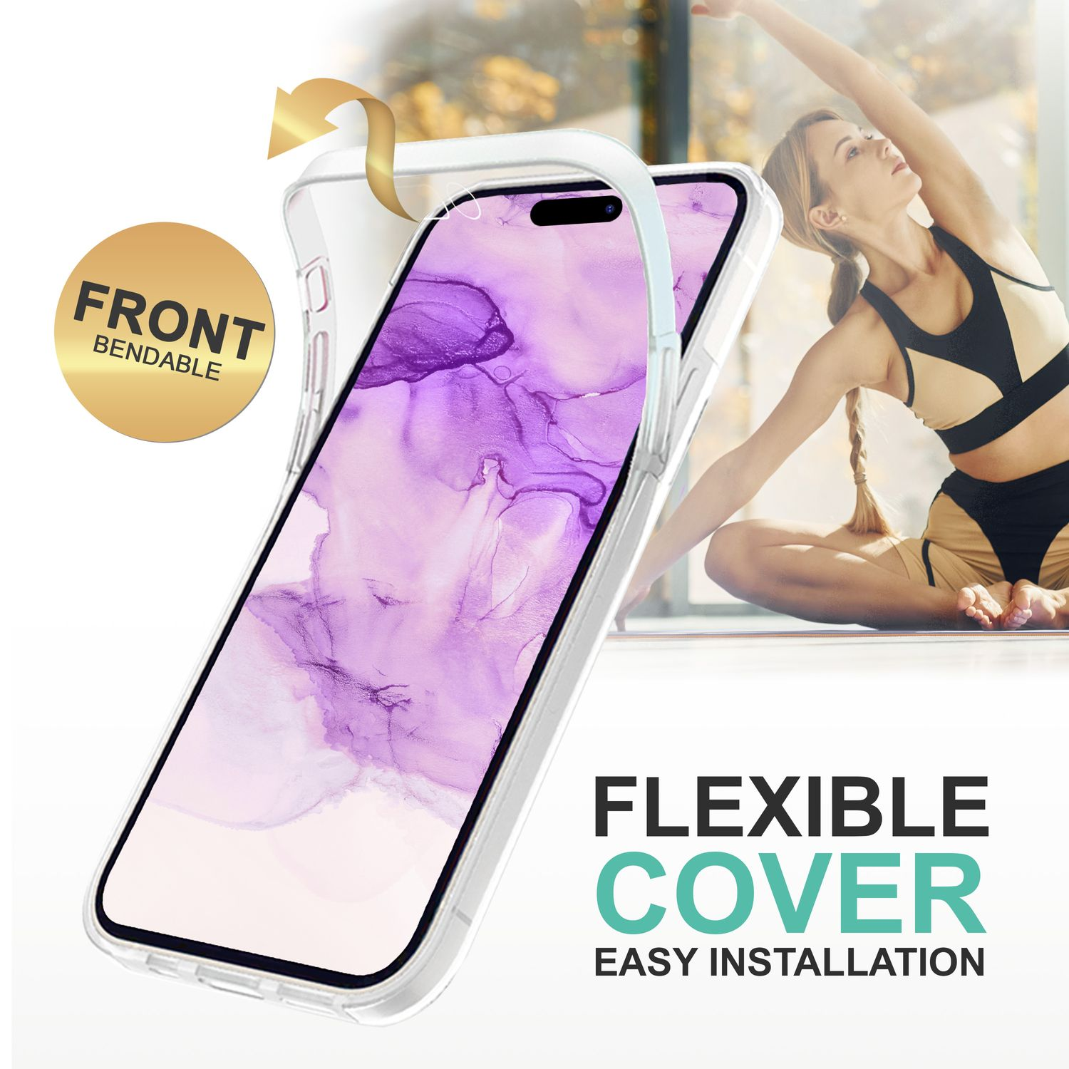 Un telefono in una custodia con una donna che si allunga sullo sfondo. Il testo dice 'Flexible Cover'.