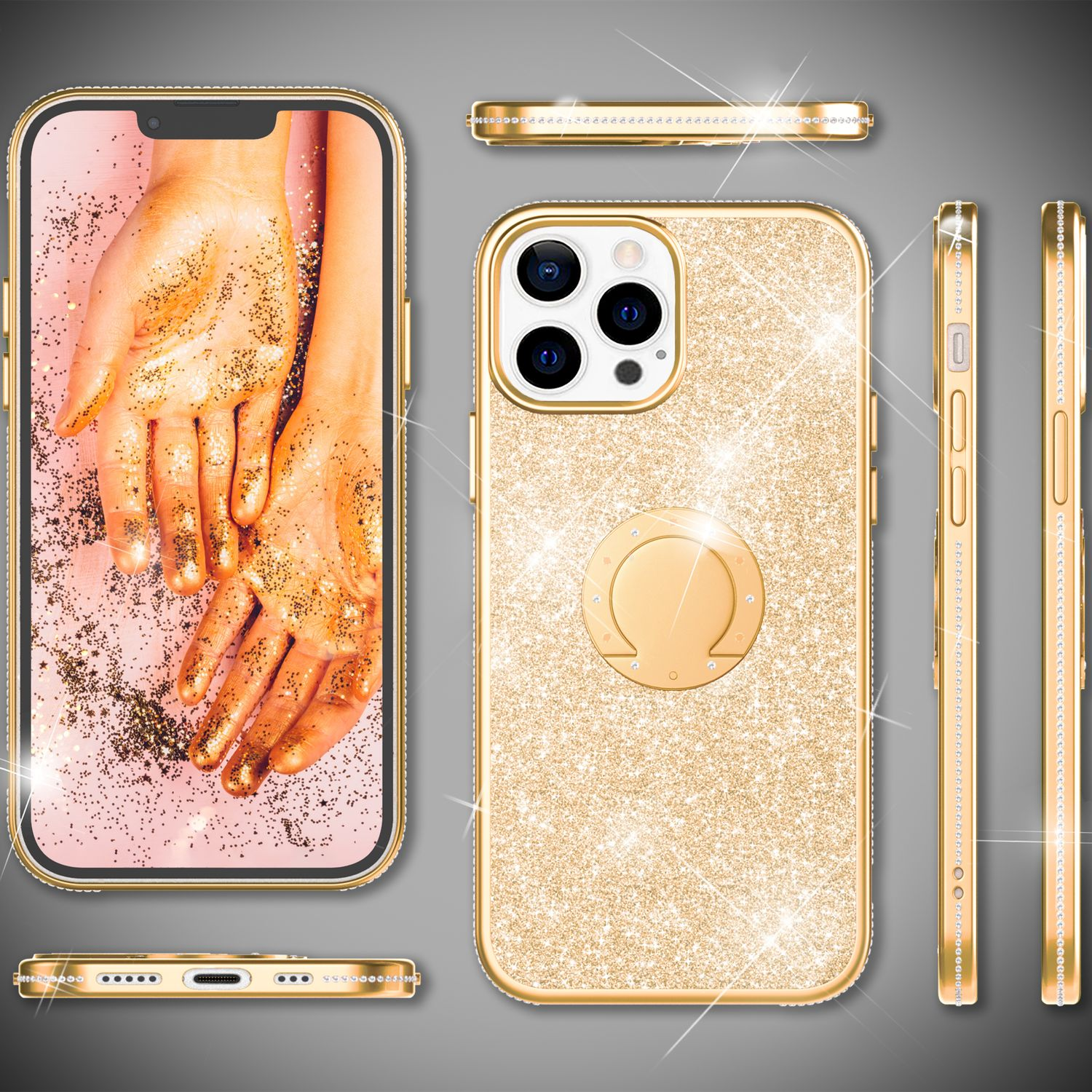 Funda dorada para teléfono con purpurina, pedrería y una imagen de manos cubiertas de purpurina dorada. Fondo gris.