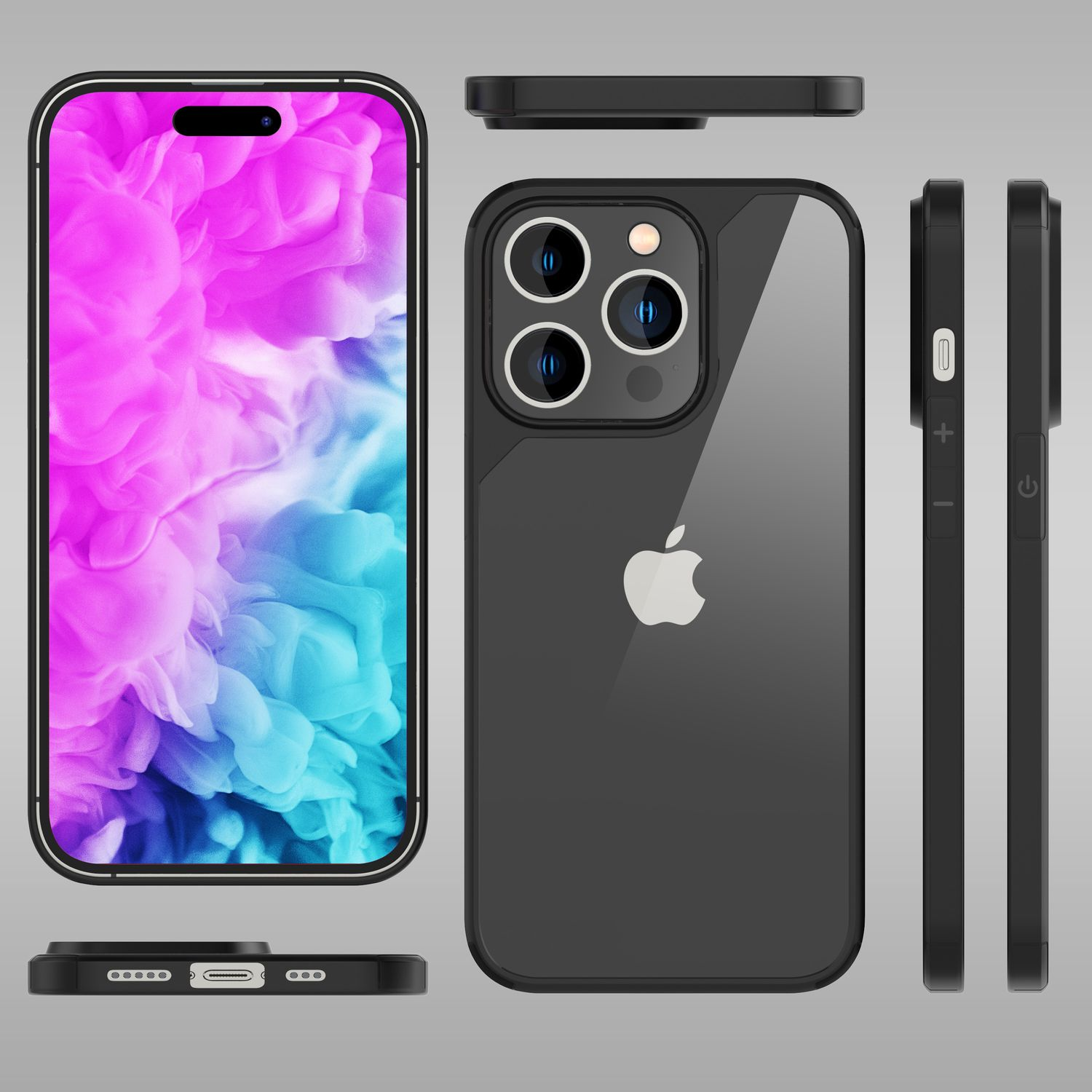 Funda negra para iPhone con el teléfono dentro, además de una pantalla del teléfono y otras vistas de la funda.