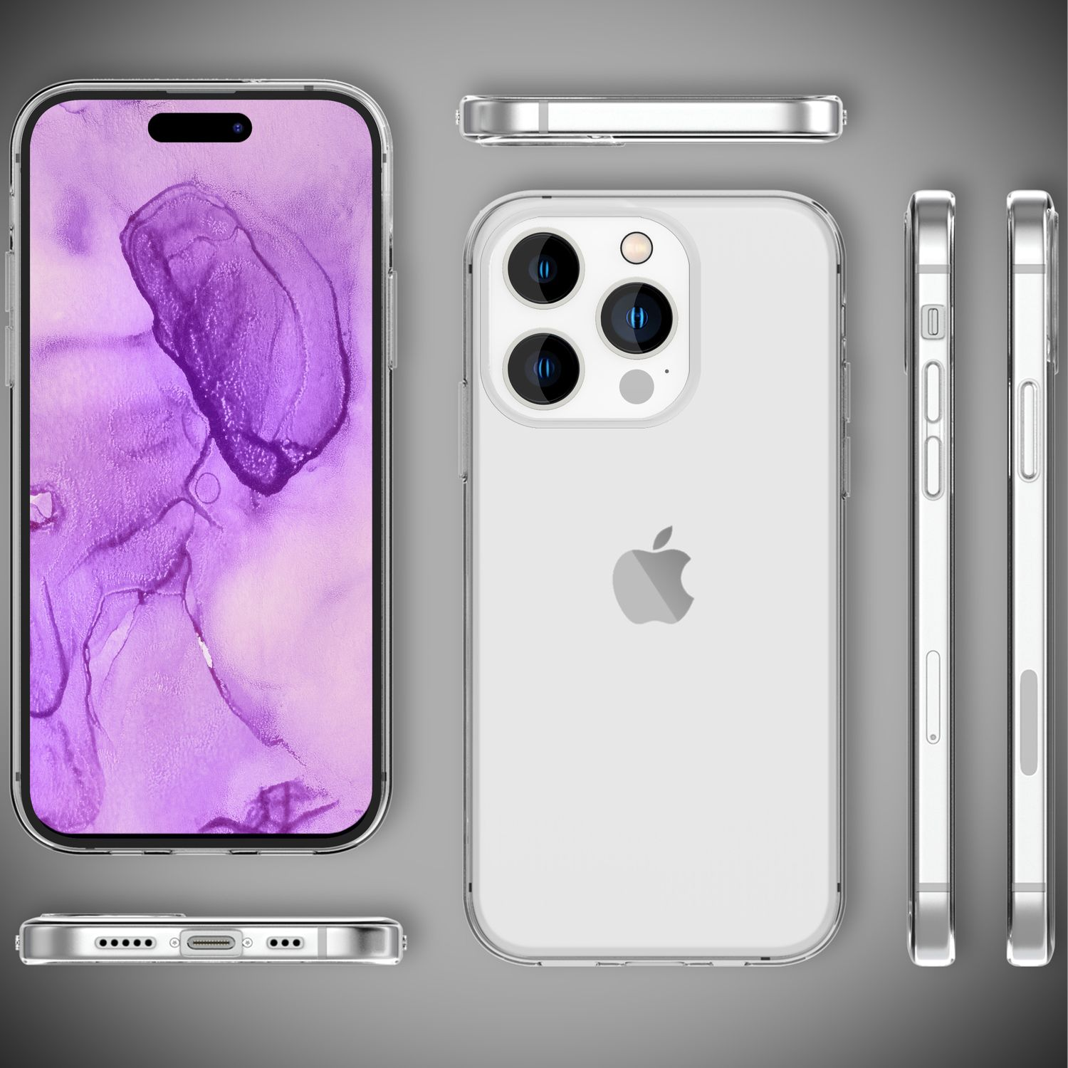 Diverse viste di un telefono con custodia trasparente. Il telefono è bianco con schermo viola e bordi argentati. Il logo Apple è visibile.