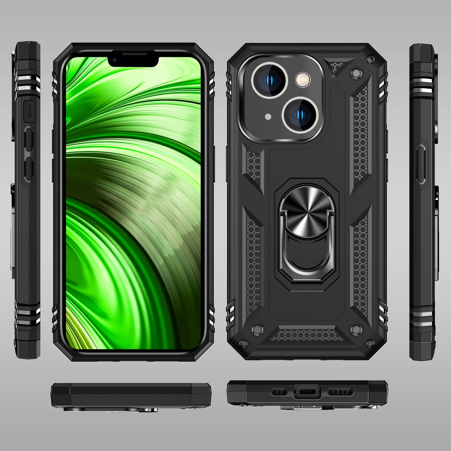 Funda de teléfono negra con anillo de metal y fondo verde abstracto en la pantalla. Se muestran varias vistas.