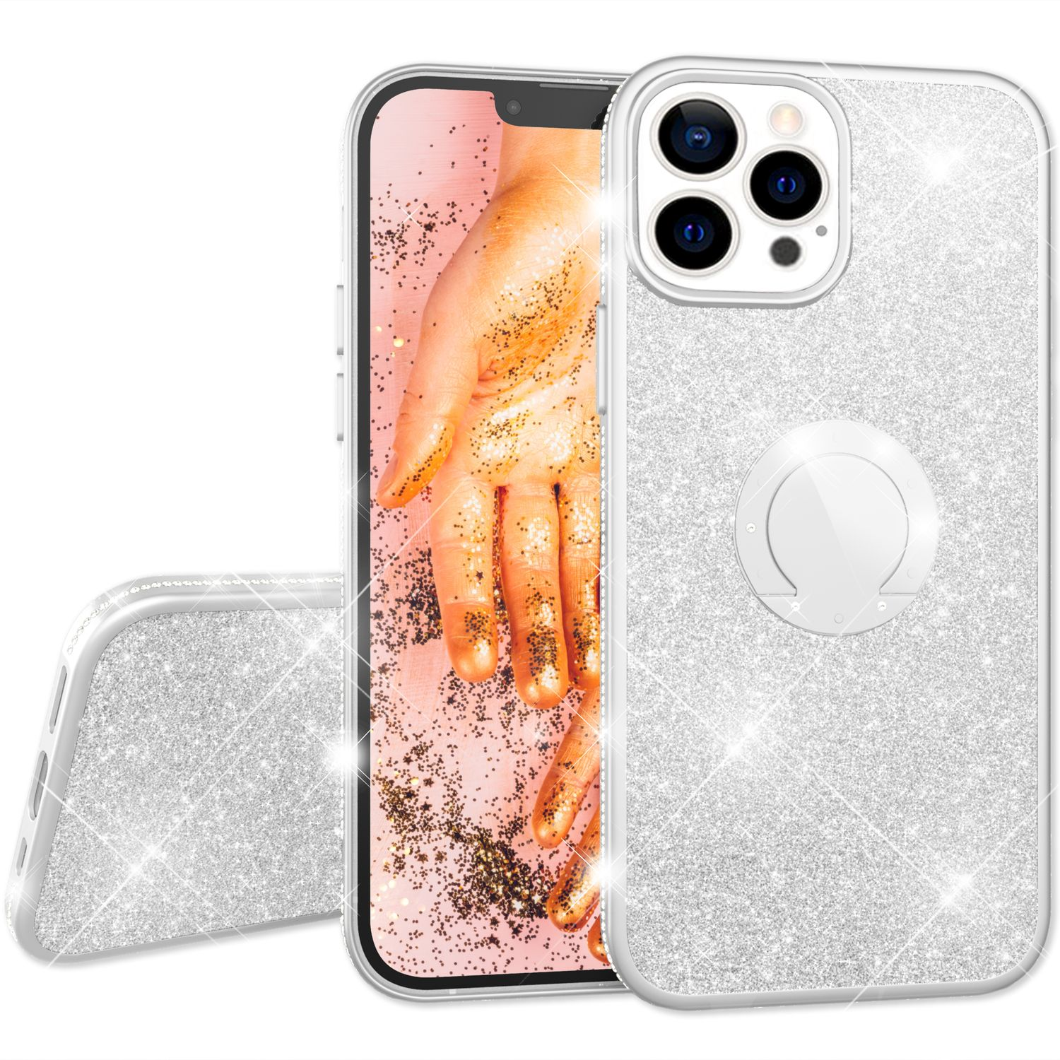 Una funda plateada con purpurina y un teléfono dentro que muestra una mano cubierta de purpurina dorada. La funda tiene un soporte de anillo.