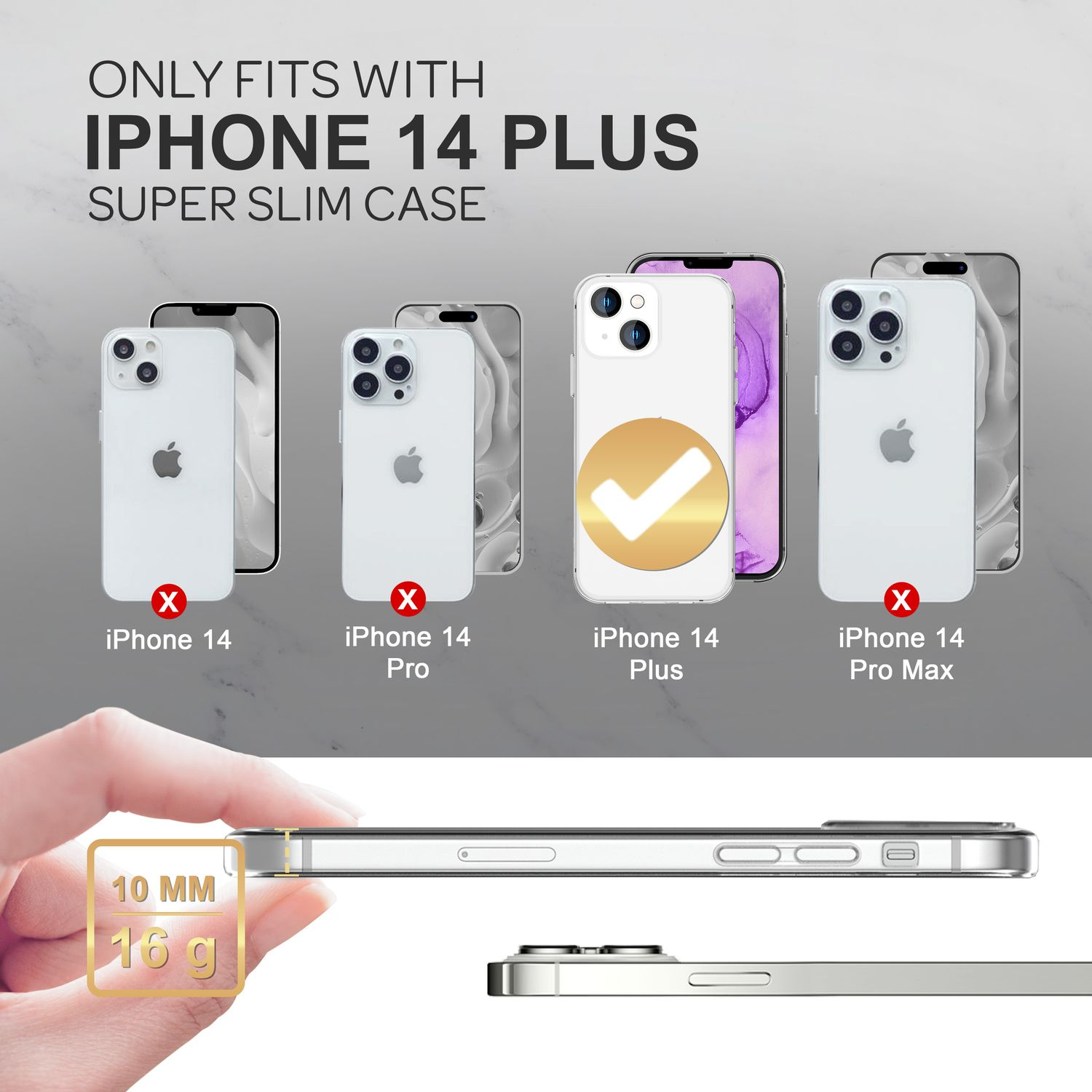 La imagen muestra el iPhone 14 Plus con una funda. Otros teléfonos se muestran como incompatibles. Las medidas son 10 mm y 16 g.