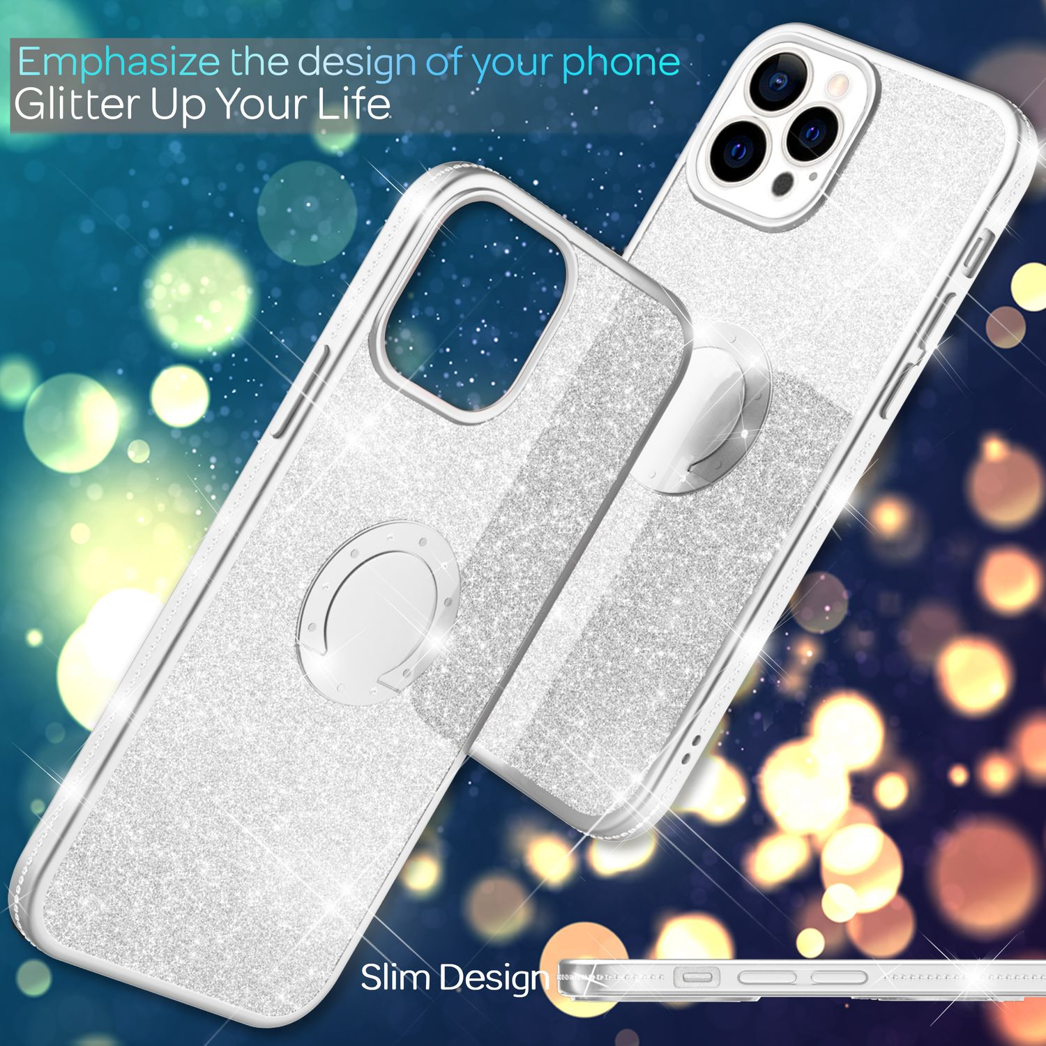 Se muestran dos fundas de teléfono brillantes con efecto purpurina. Una está tumbada y la otra de pie. El fondo es bokeh.