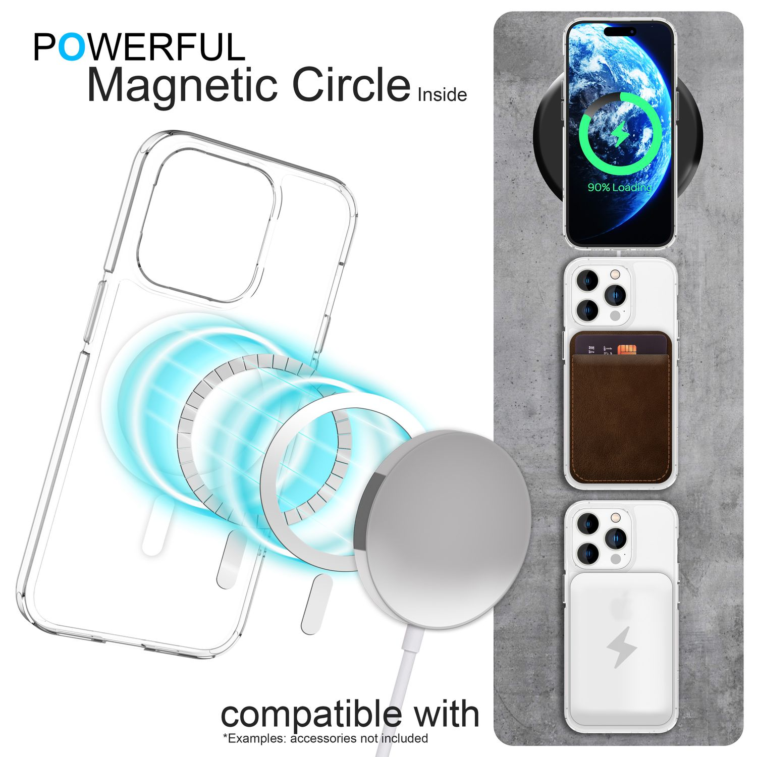 Un teléfono cargando, con una funda transparente y un círculo magnético. Se muestran fundas de teléfono adicionales y una plataforma de carga.