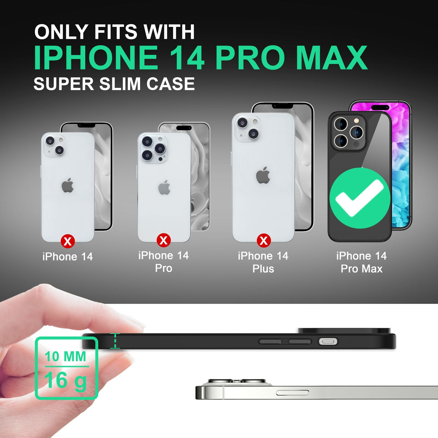 Imagen muestra funda iPhone 14 Pro Max. Texto indica compatibilidad. Mano sosteniendo funda muestra grosor y peso. Se muestran teléfonos.