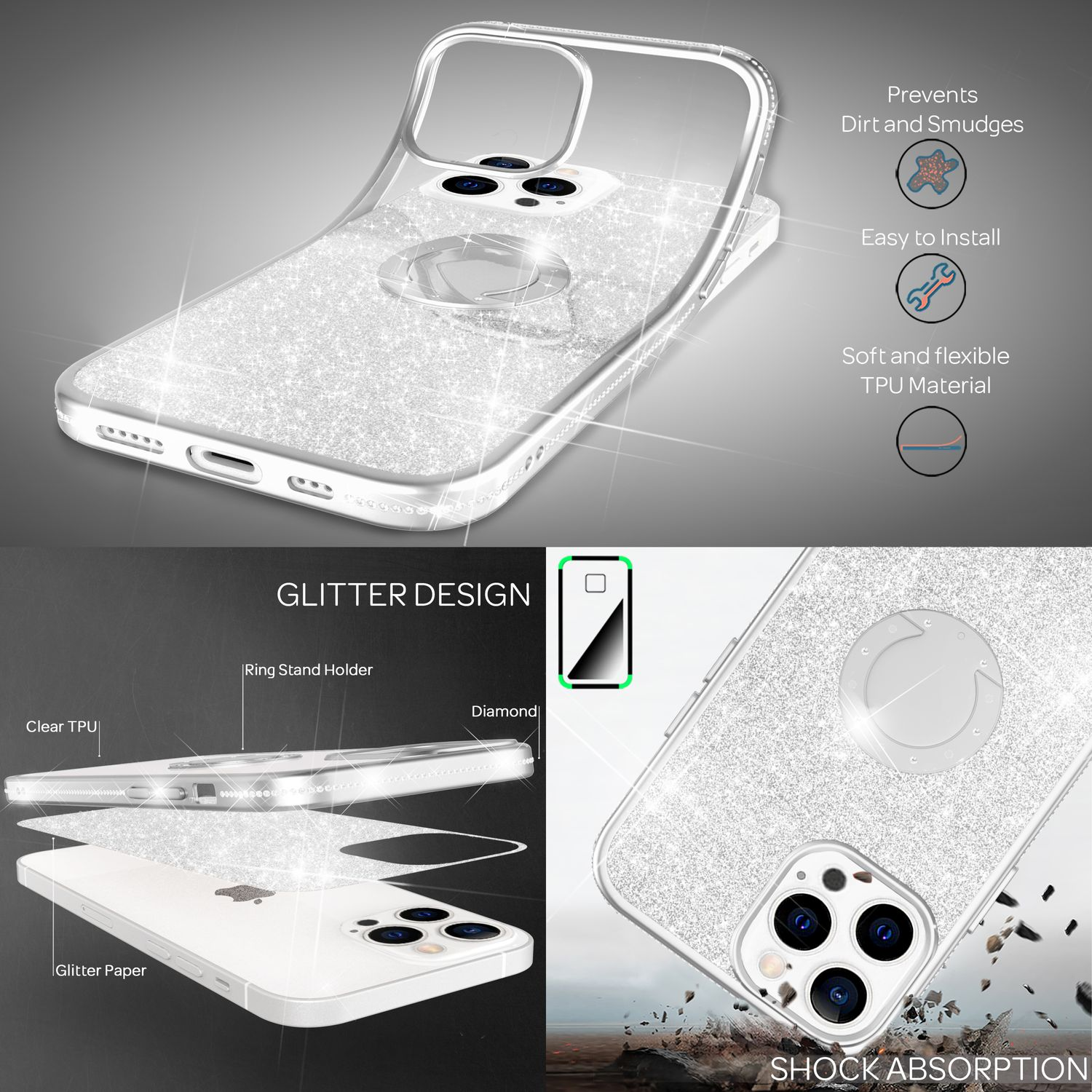 Funda transparente para teléfono con diseño de purpurina, soporte de anillo y material TPU transparente. Absorbe golpes y es fácil de instalar.
