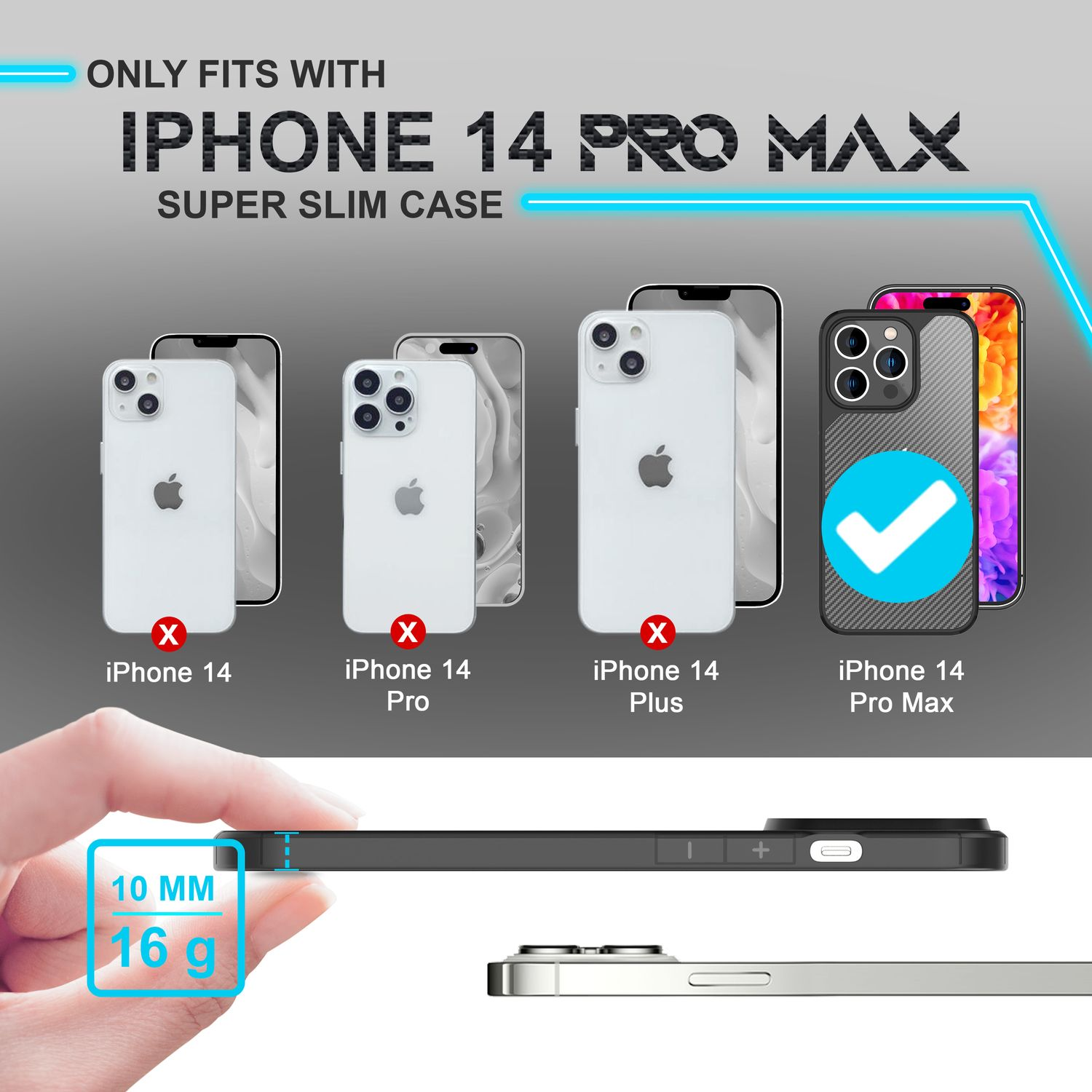 L'immagine mostra la compatibilità della custodia per iPhone 14 Pro Max. Le custodie sono visualizzate con segni di spunta o croci e dimensioni.
