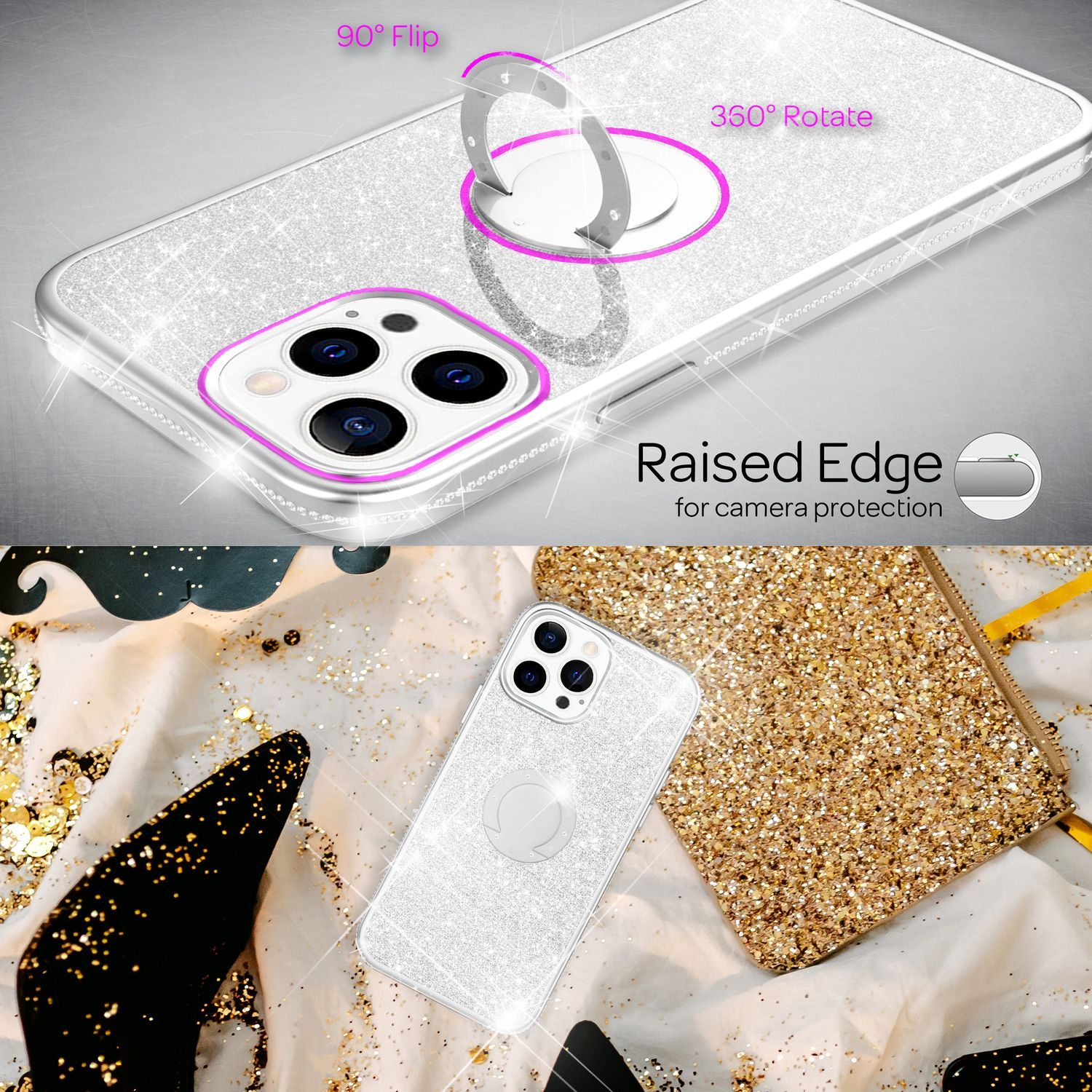 Una funda de teléfono con purpurina y un soporte de anillo. Un embrague dorado y tacones altos negros también están en el marco.