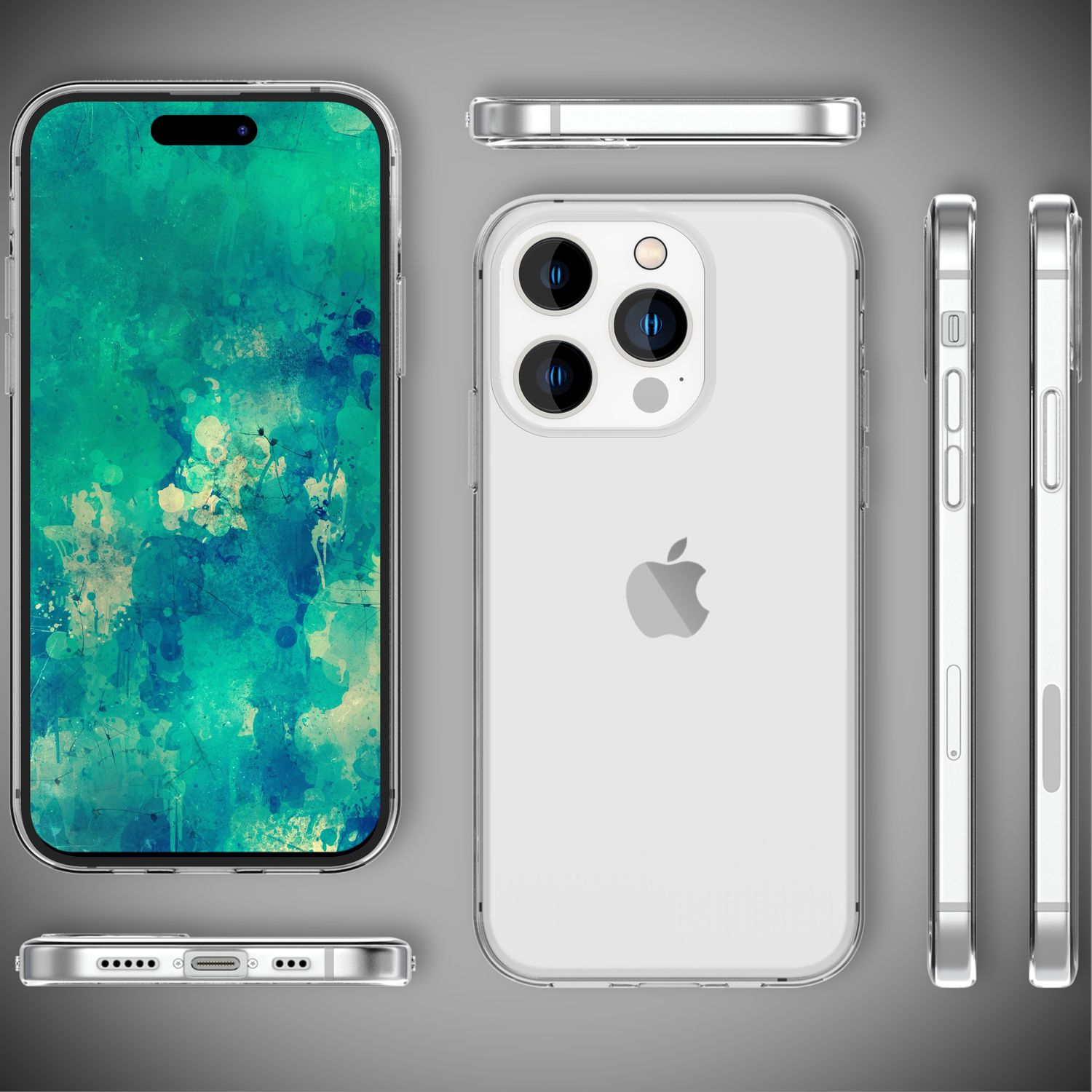 Ein iPhone-Mockup mit einer transparenten Hülle. Verschiedene Blickwinkel dargestellt: Vorderseite mit künstlerischem Bildschirm, Rückseite mit Apple-Logo...