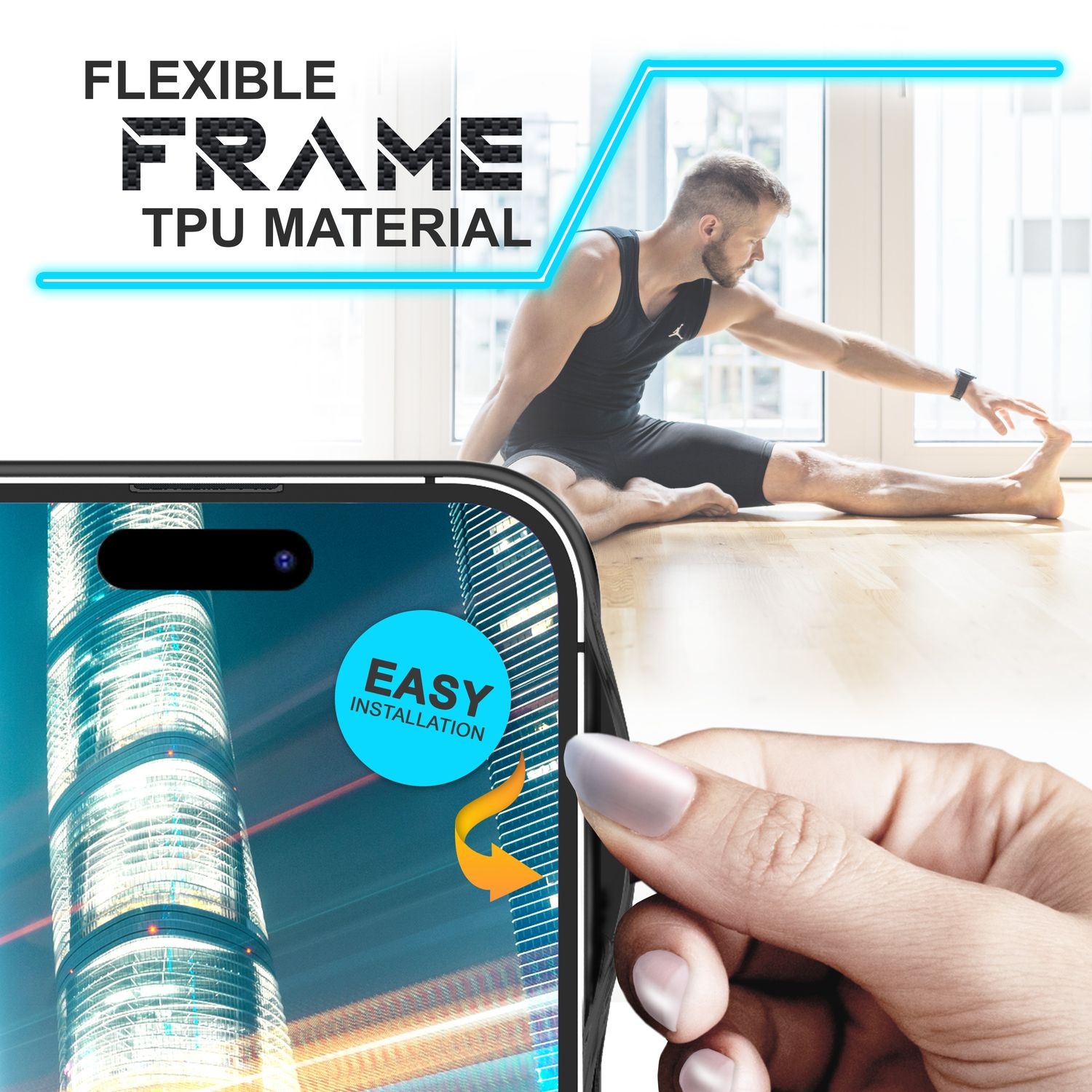 Una custodia per telefono in fase di installazione, un uomo che si allunga sullo sfondo. Testo: Telaio flessibile materiale TPU e facile installazione.