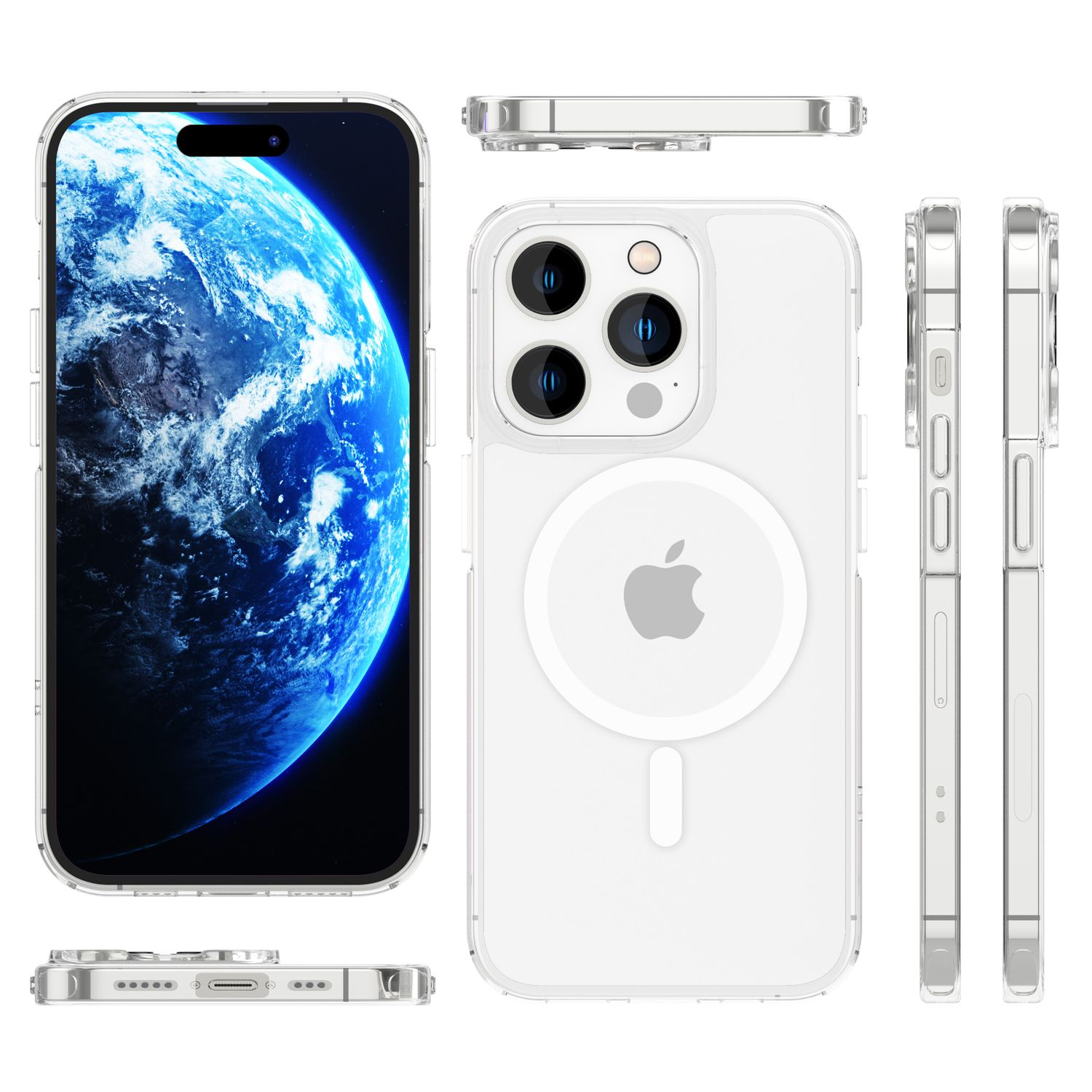 Una funda transparente para iPhone muestra la pantalla del teléfono con la Tierra. La funda rodea el teléfono y tiene el logotipo de Apple.