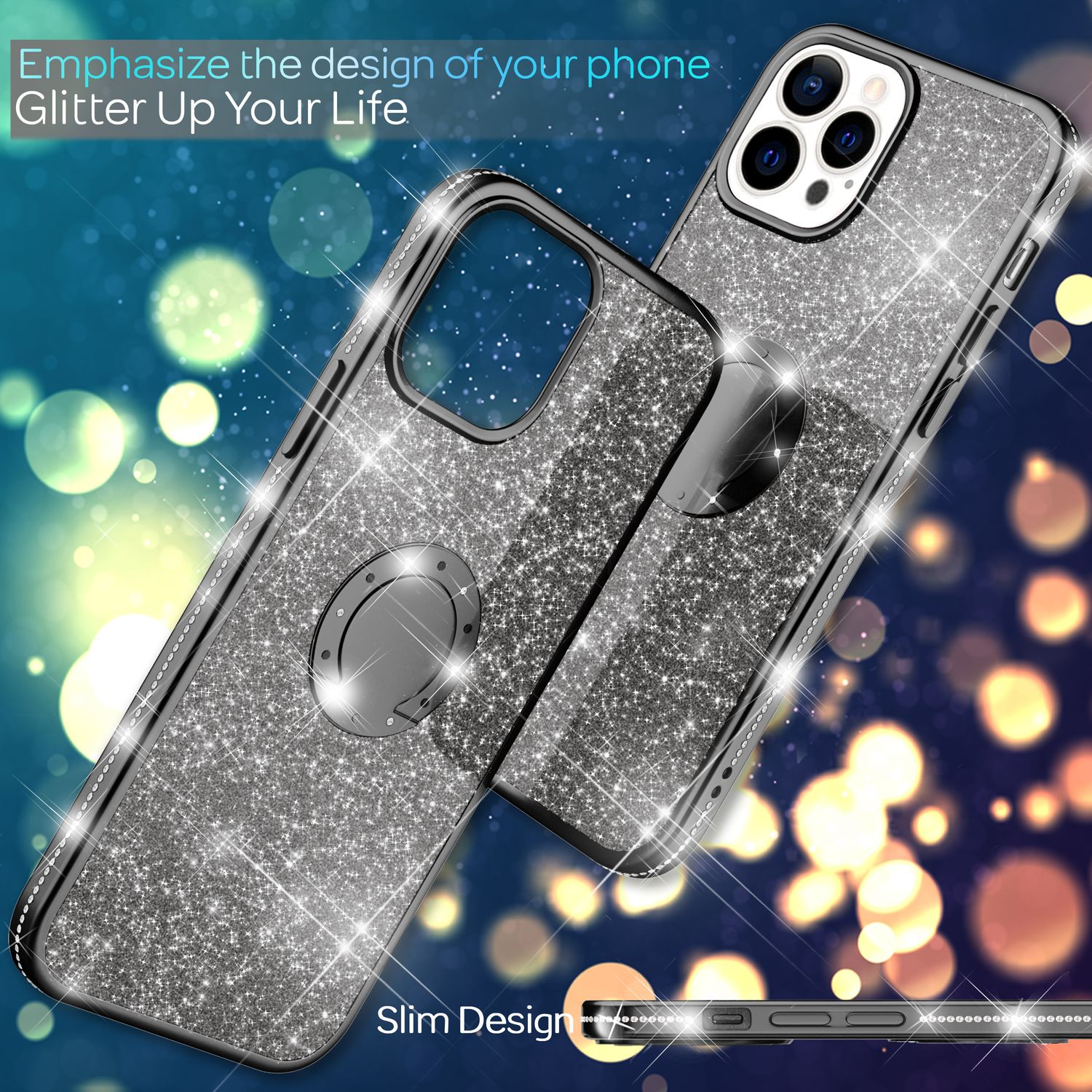Dos fundas de teléfono con diseño de purpurina. Una funda tiene un soporte de anillo. El fondo está borroso con efecto bokeh y texto.