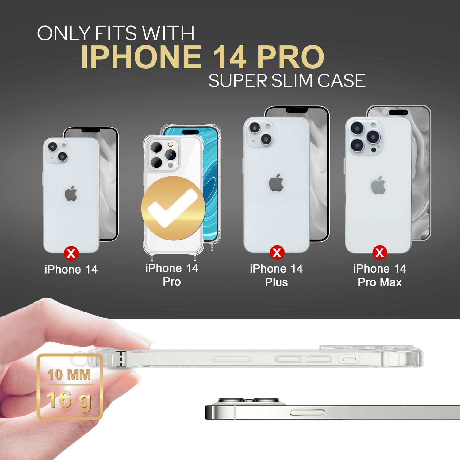 Das Bild zeigt die Kompatibilität der iPhone 14 Pro Hülle. Telefone werden angezeigt, mit einer Hand, die eine Hülle hält.