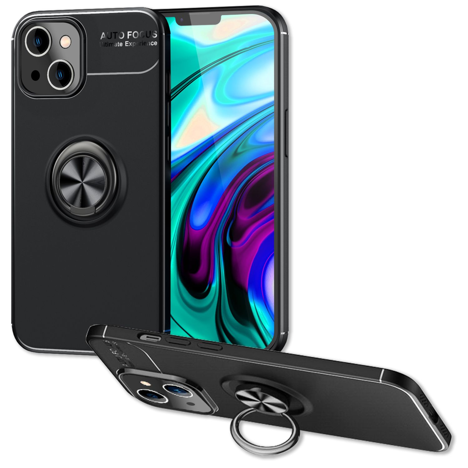 Tres fundas negras para teléfonos con anillos. Una está en posición vertical, dos en ángulo. Las pantallas son visibles.