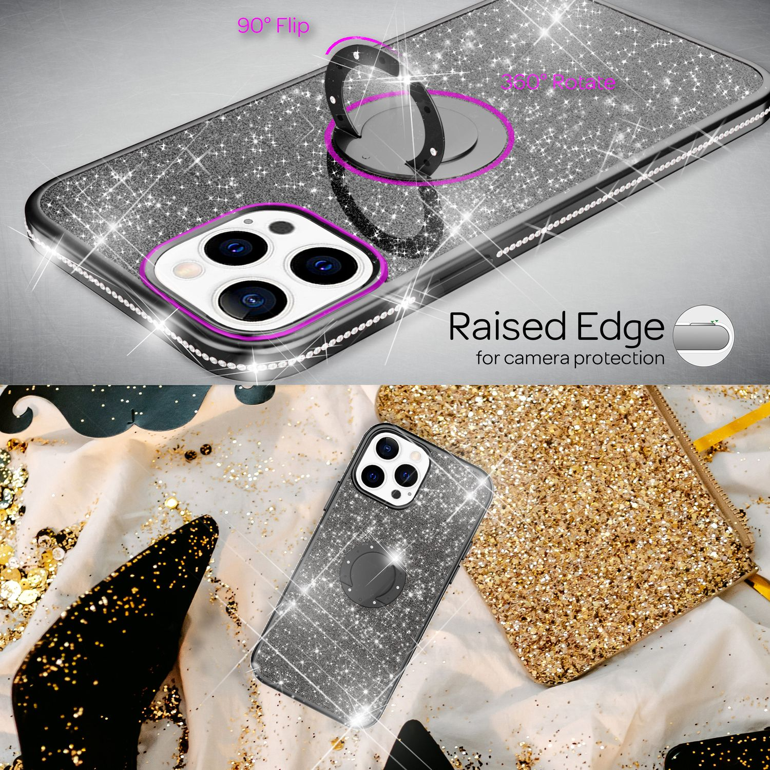 Funda de teléfono con purpurina y soporte de anillo, un embrague dorado y un tacón alto negro sobre superficie blanca.