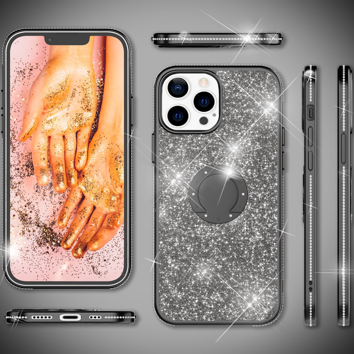 Una funda de teléfono con una pantalla que muestra manos cubiertas de purpurina dorada. La funda es plateada y negra, con un soporte de anillo.