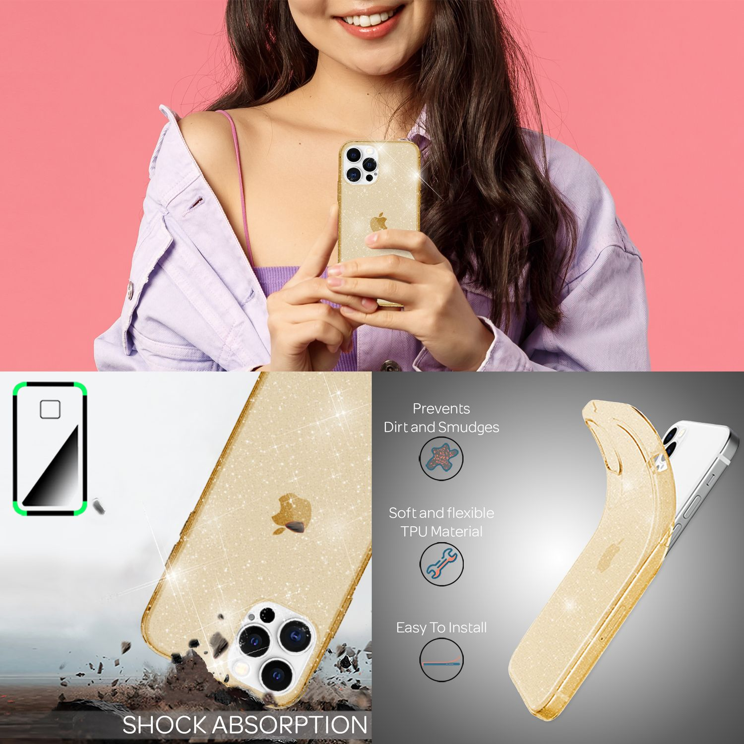 Una mujer sosteniendo un iPhone dorado con una funda brillante. El teléfono está frente a un fondo rosa. Hay características del producto.