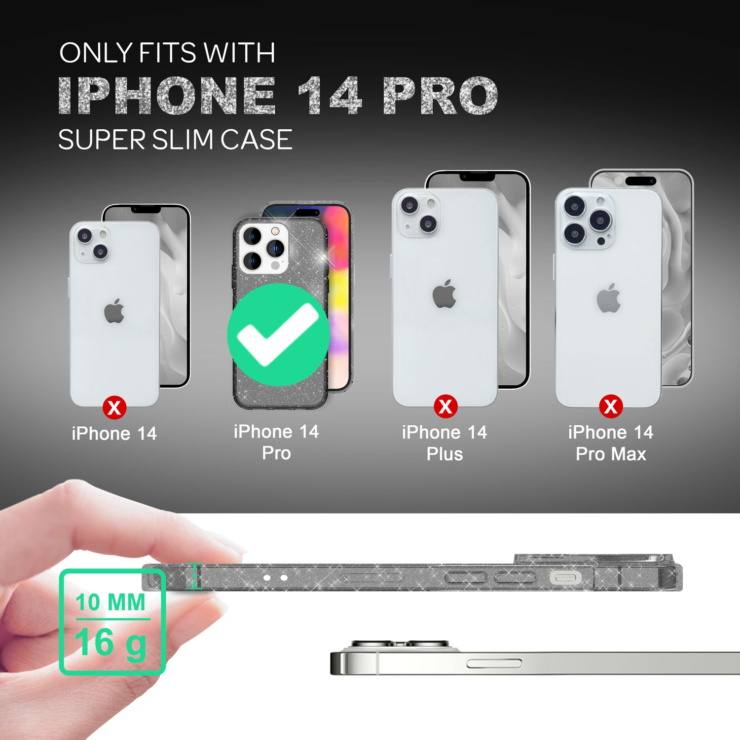 L'immagine mostra la compatibilità della custodia per iPhone 14 Pro. I telefoni sono visualizzati con segni di spunta o croci. Sono mostrate le dimensioni e il peso della custodia.