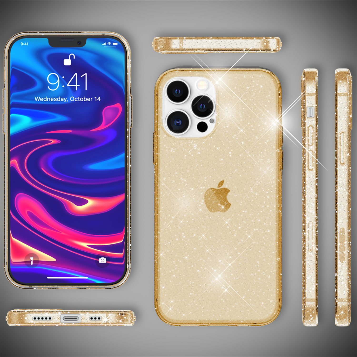 iPhone dorado con funda con purpurina. La pantalla muestra la hora y la fecha. Se muestran varios ángulos del teléfono y su funda.