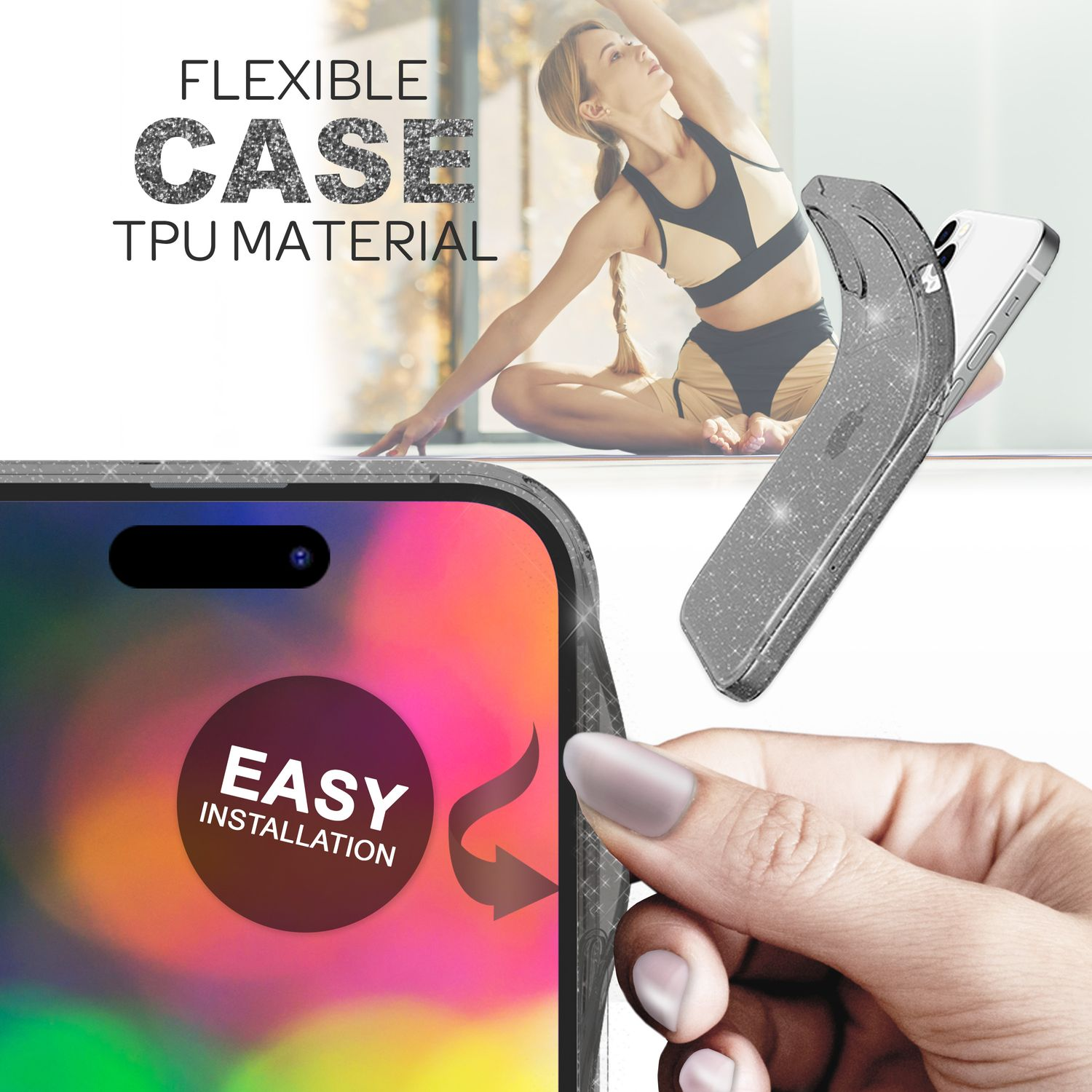Una custodia per telefono viene sollevata. Una donna si allunga sullo sfondo. Il testo recita 'Flexible Case TPU Material' e 'Easy Installation'.