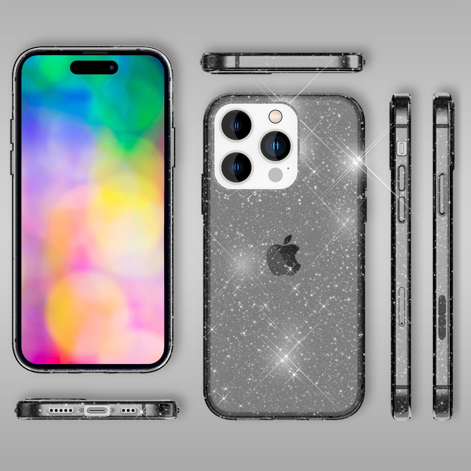 Un iPhone e la sua custodia sono esposti. L'iPhone mostra uno schermo colorato. La custodia è grigio scintillante.