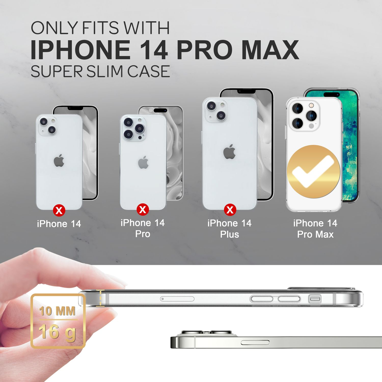 Das Bild zeigt iPhone 14 Pro Max Handys und Hülle. Text weist auf Kompatibilität hin. Hand hält Hülle. Abmessungen: 10 mm, 16 g.